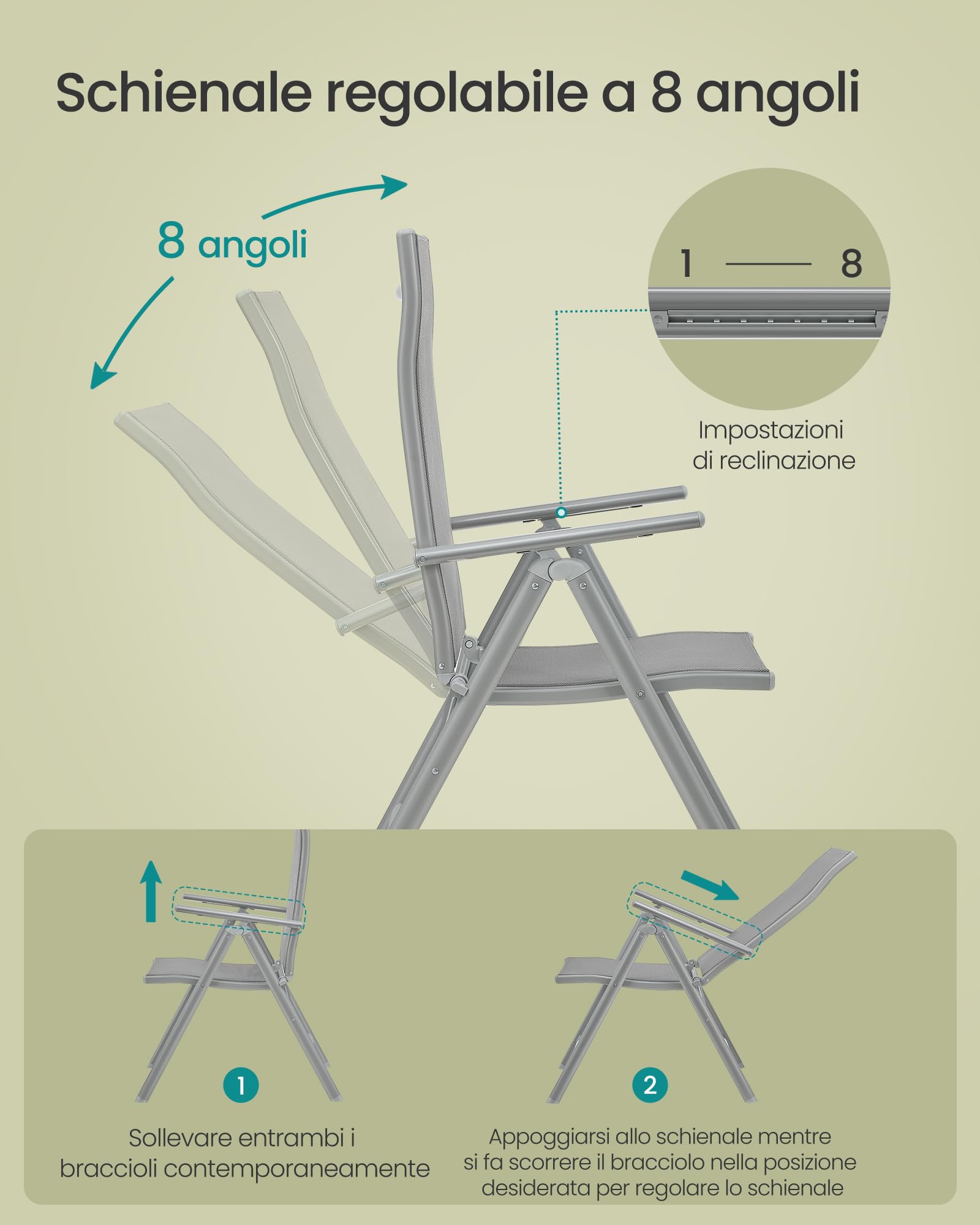 SONGMICS Sedie da Giardino Pieghevoli 2 Pezzi Struttura Metallo Schienale Regolabile 8 Posizioni 150 kg Grigio GCB29GY