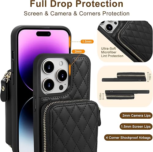 Miniatura 4 de CORCUS Funda tipo cartera cruzada compatible con iPhone 15 Pro con correa de bloqueo RFID, cierre de cremallera, tarjetero de cuero acolchado para