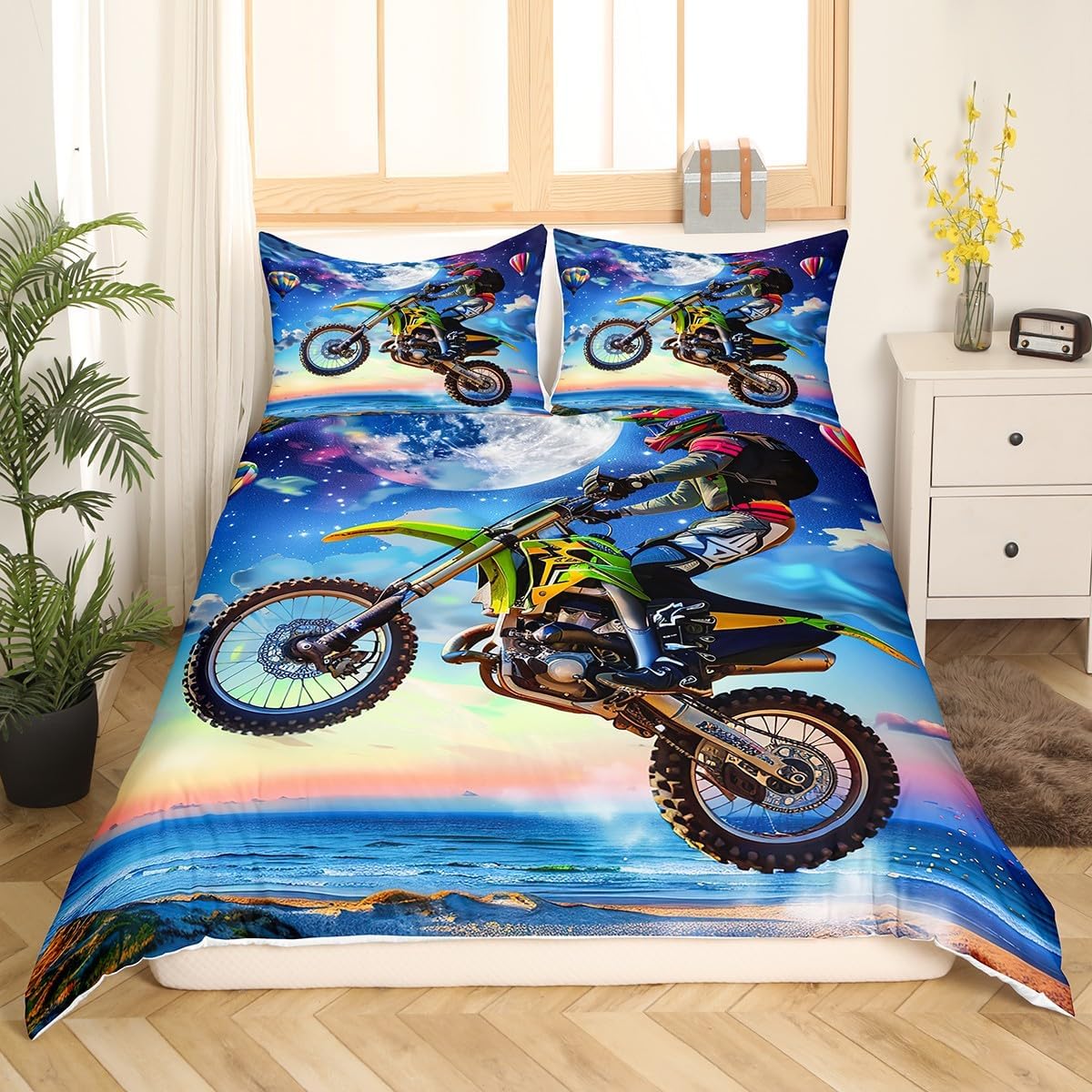 Motocross Rider Duvet Cover Set Galaxy Motorcycle Pattern Bedding Set for Kids Boys Girls Extreme Sports Comforter Cover Dirt Bike Luxury Decor Quilt Cover with 2 Pillowcases 3Pcs Bedding Full