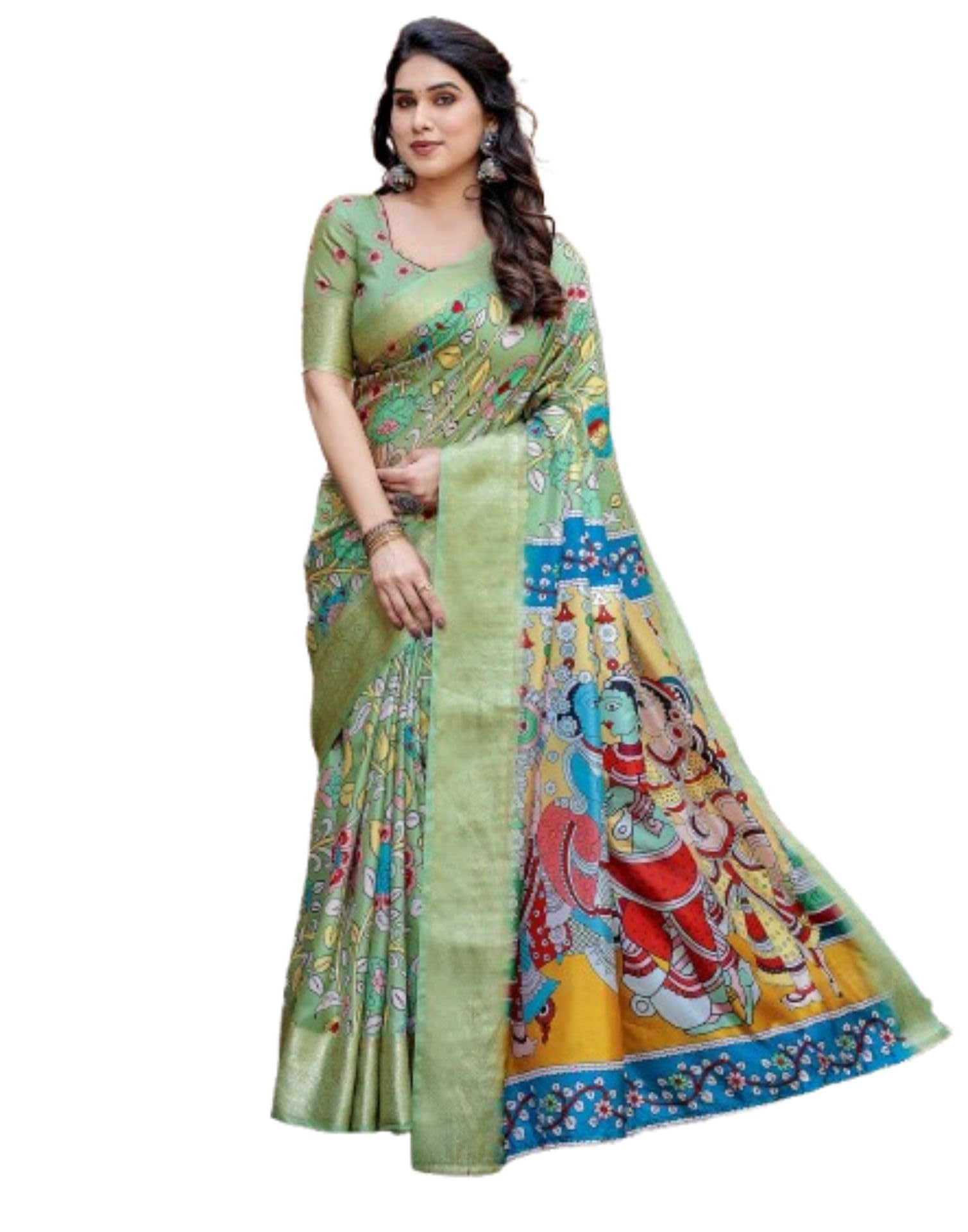 siril Women's Tussar Silk Kalamkari Printed Saree With Unstitched Blouse Piece-picture-14