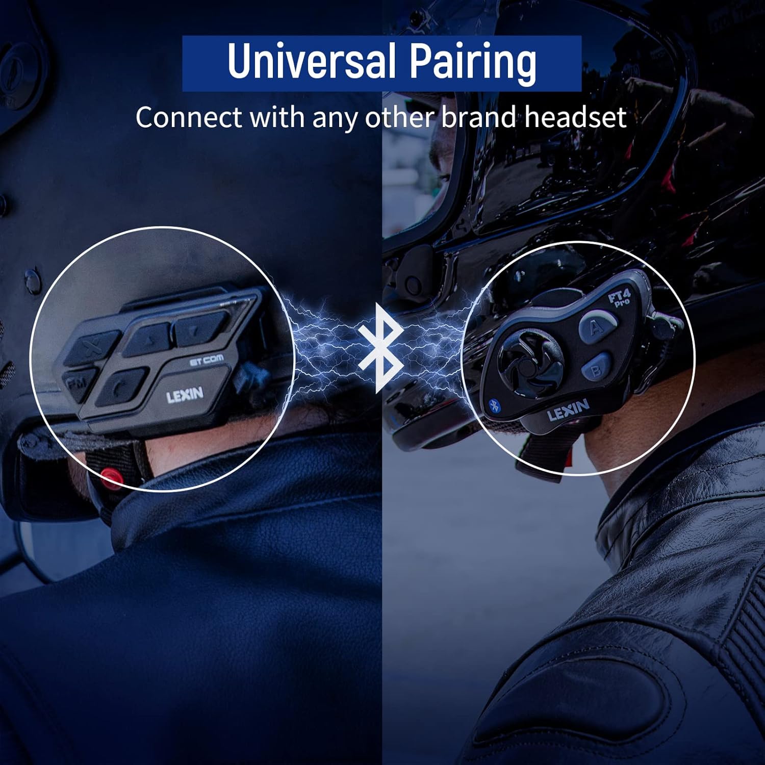 Motorcycle helmet with LEXIN ET-COM unit in the rain, demonstrating IP67 water resistance