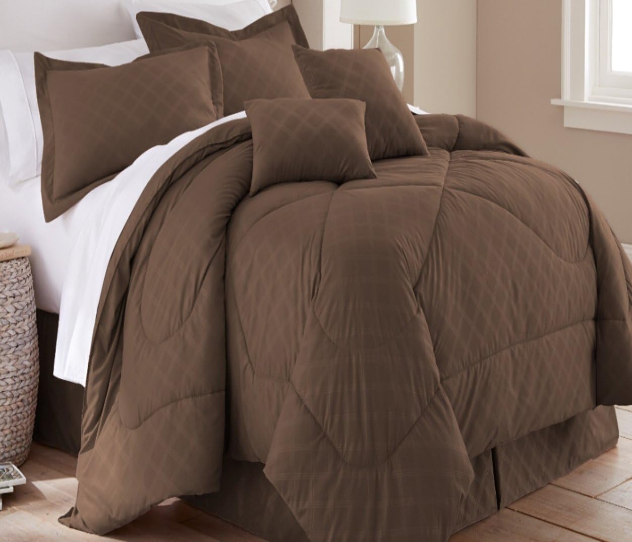 Spirit Linen Hotel 5th Ave 6 Piece Embossed Plaid Comforter Set, King, Chocolate