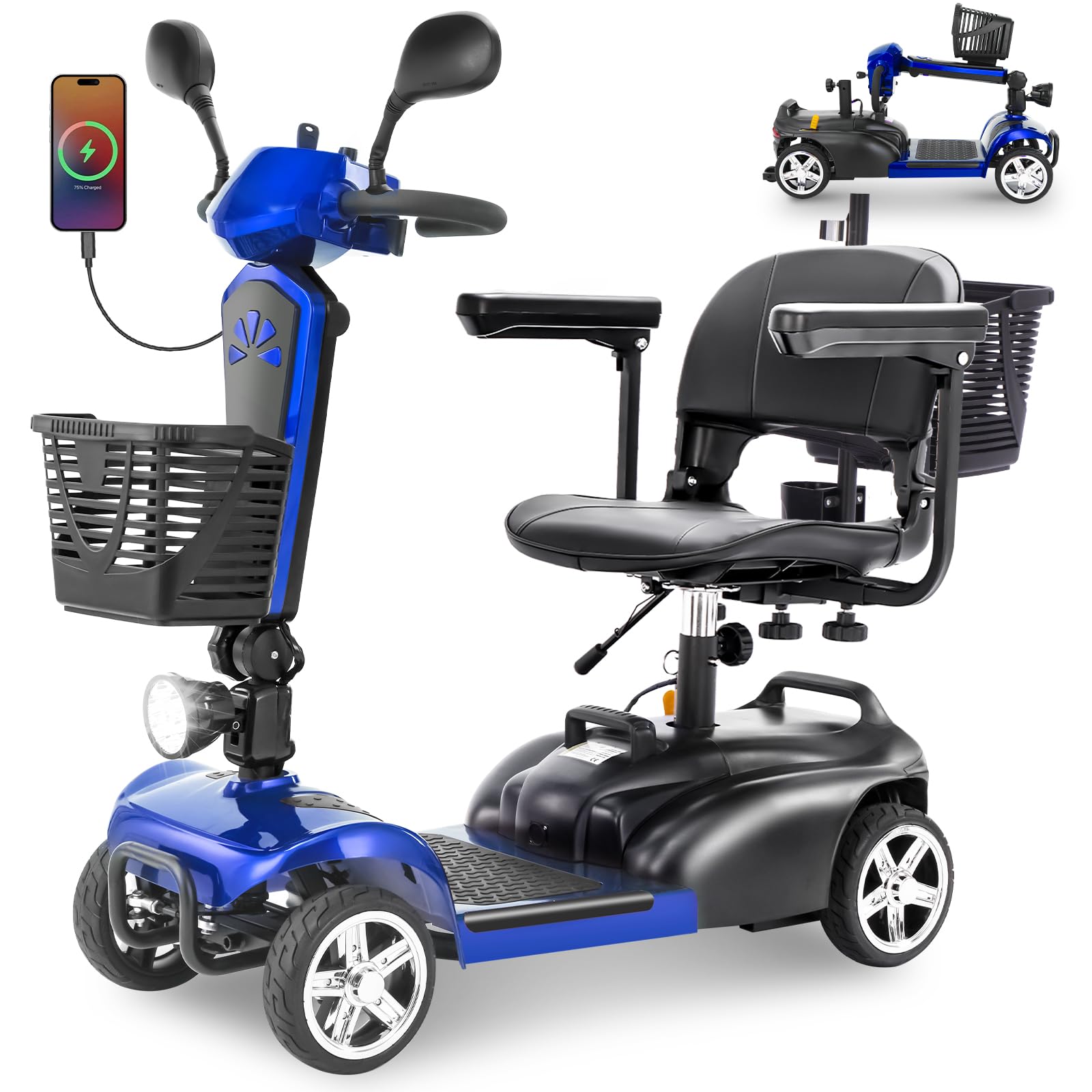 4 Wheels Eldryvon EV02 Electric Mobility Scooter for Seniors & Adult, 300Lbs All Terrain, Foldable Powered Wheelchair Device with Dual Basket, Rotating Seat (Blue, EV02-A with Mirror)