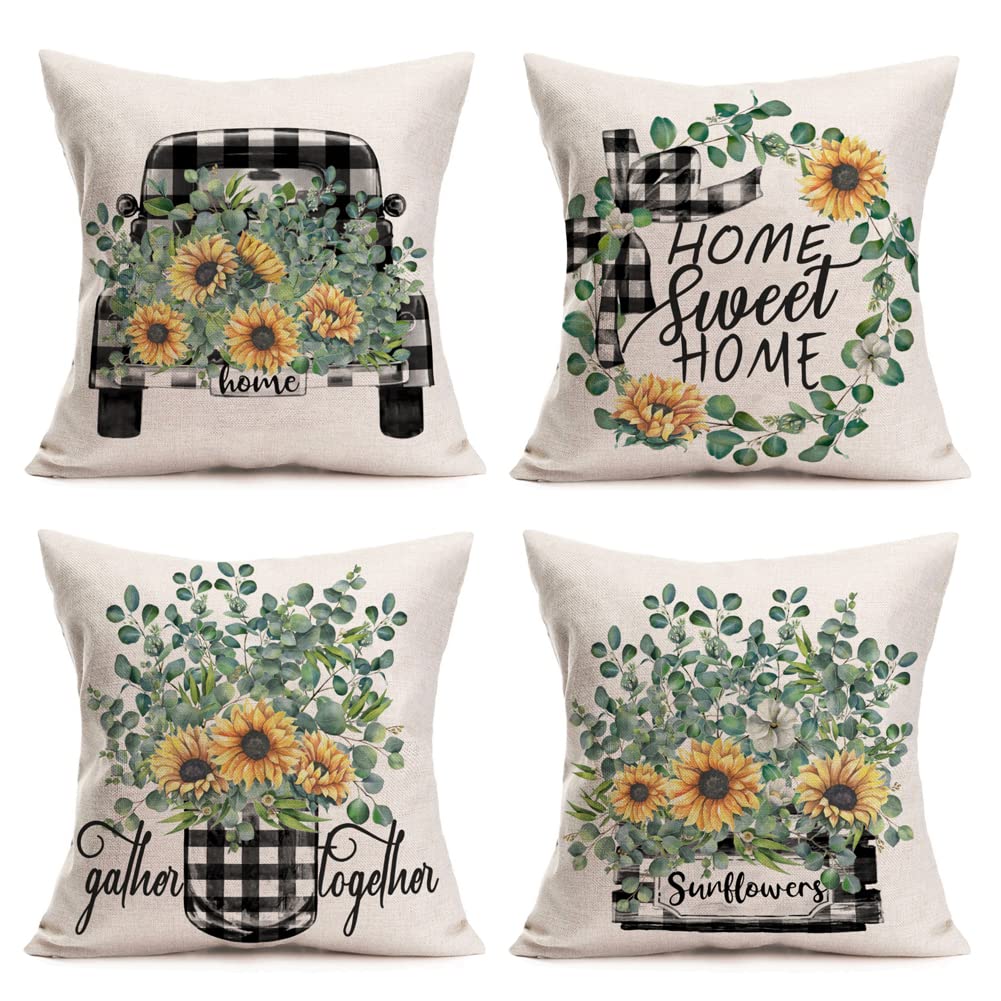 Easternproject Green Leaves Yellow Sunflower Pillow Covers 16x16 Inch Black White Buffalo Plaids Truck Home Sweet Decor Throw Cases Set of 4 Summer