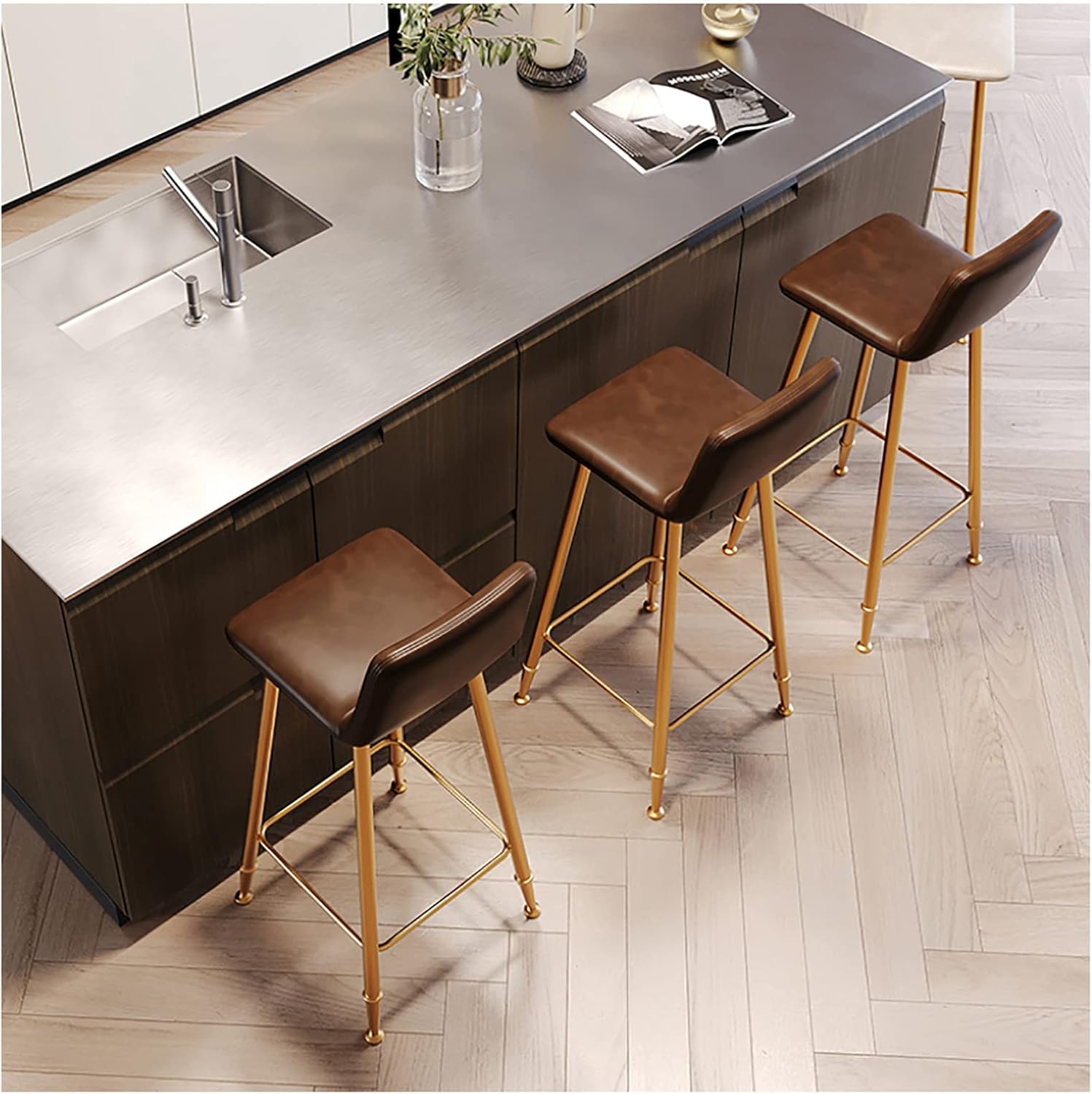 lirrebol Bar Stools Set of 3 PU Leather Counter Chairs for