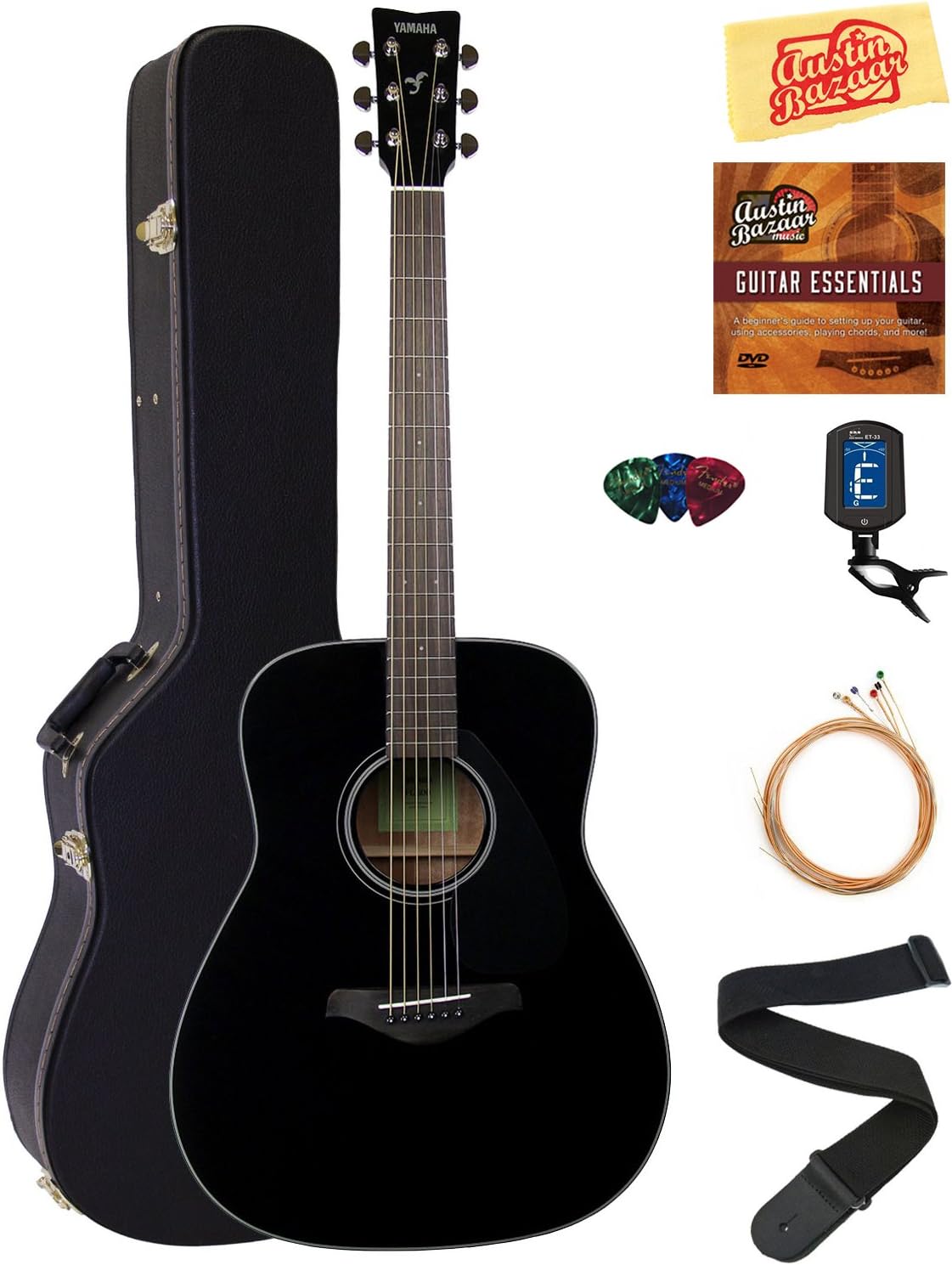 Yamaha FG800 Solid Top Folk Acoustic Guitar Bundle with Hard Case, Tuner, Strings, Strap, Picks, Austin Bazaar Instructional DVD, and Polishing Cloth - Black