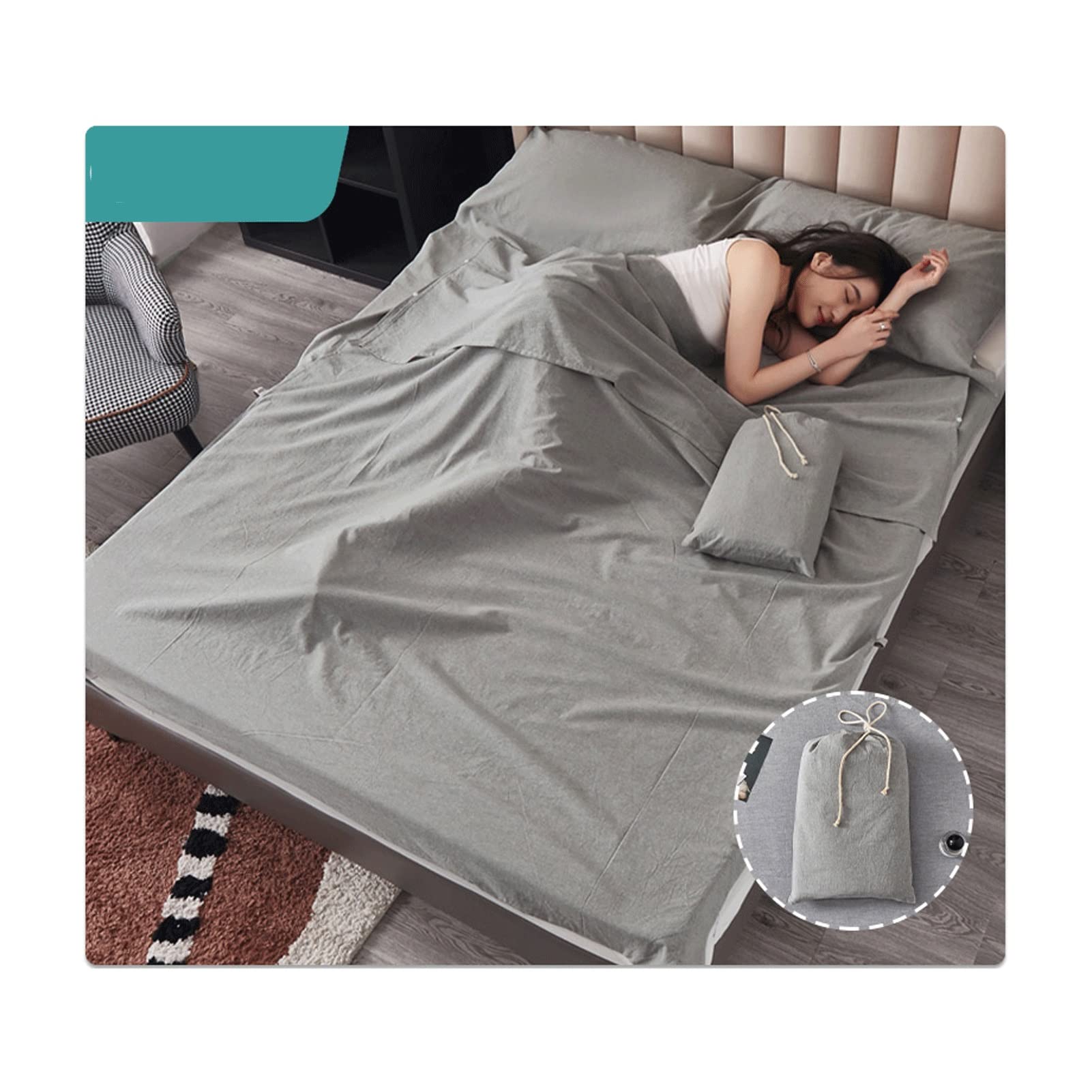 RUZGAR Sacco a Pelo Matrimoniale Sacchi a Pelo Estivi Sacco a Pelo Leggero e Compatto in 100% Cotone Motivo a Righe a Quadri Sacco Nanna for Viaggi in Hotel (Color : Gray B, Size : 200x210cm-78x82)