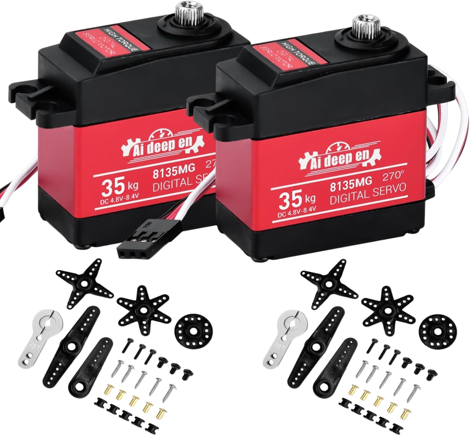 35KG Servo High Torque RC Servo,Servo Motor 4.8-8.4V RC Servo Full Metal Gear Waterproof Compatible with 1/8, 1/10, 1/12 RC Car with 25T Servo Horn and Parts (270°-2 Pack)