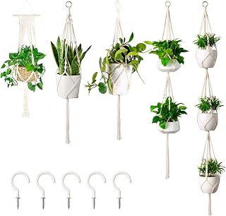 Macrame Plant Hangers with 5 Hooks,Indoor Outdoor Hanging Planters Set Hanging Plant Stand,Handmade Rope Flower Pots Wall Hanging Planter Basket for Home Decor（5 Packs）