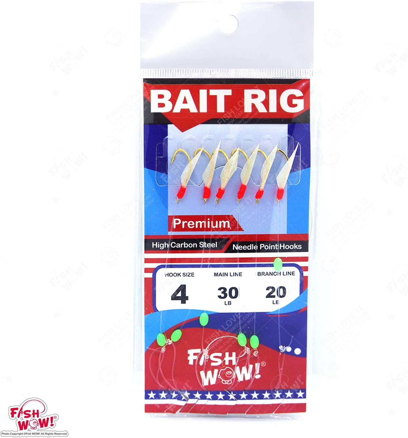 Fish WOW!® Size 4 Fishing Bait Rigs Piscatore Lure with 6 Gold Hooks with Fish Skin and Glow Green Beans - 20 Packs