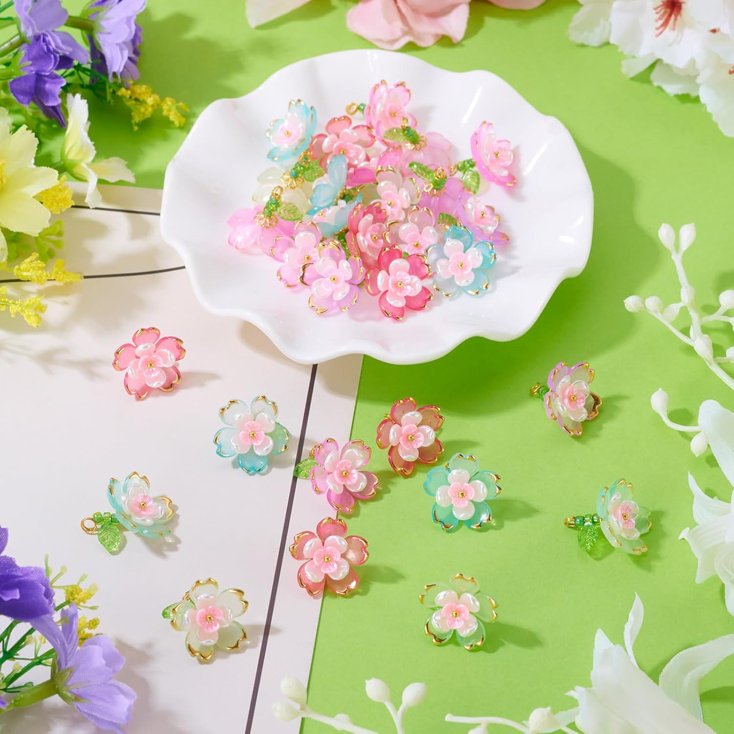 Beadthoven Acrylic Flower Charms for Jewelry Making, Golden Metal Enlaced Cherry Blossom Flower Pendants Transparent 5-Petal Floral Charms with Green Leaf for Earrings Necklace DIY Crafts - Image 6