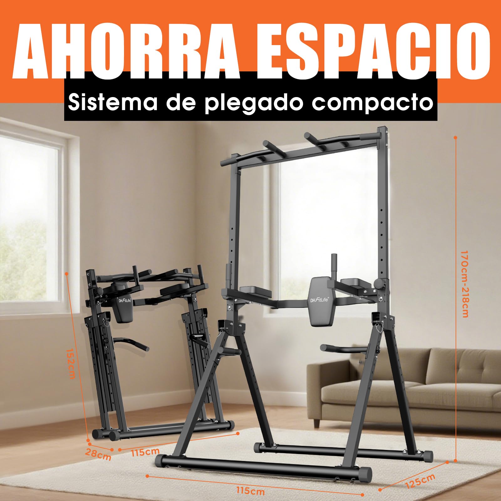DH FitLife Power Tower Dip Station plegable, barra de dominadas independiente con barra de inmersión y soportes para mancuernas/respaldo, estación de fuerza, estación de fitness, Power Rack para