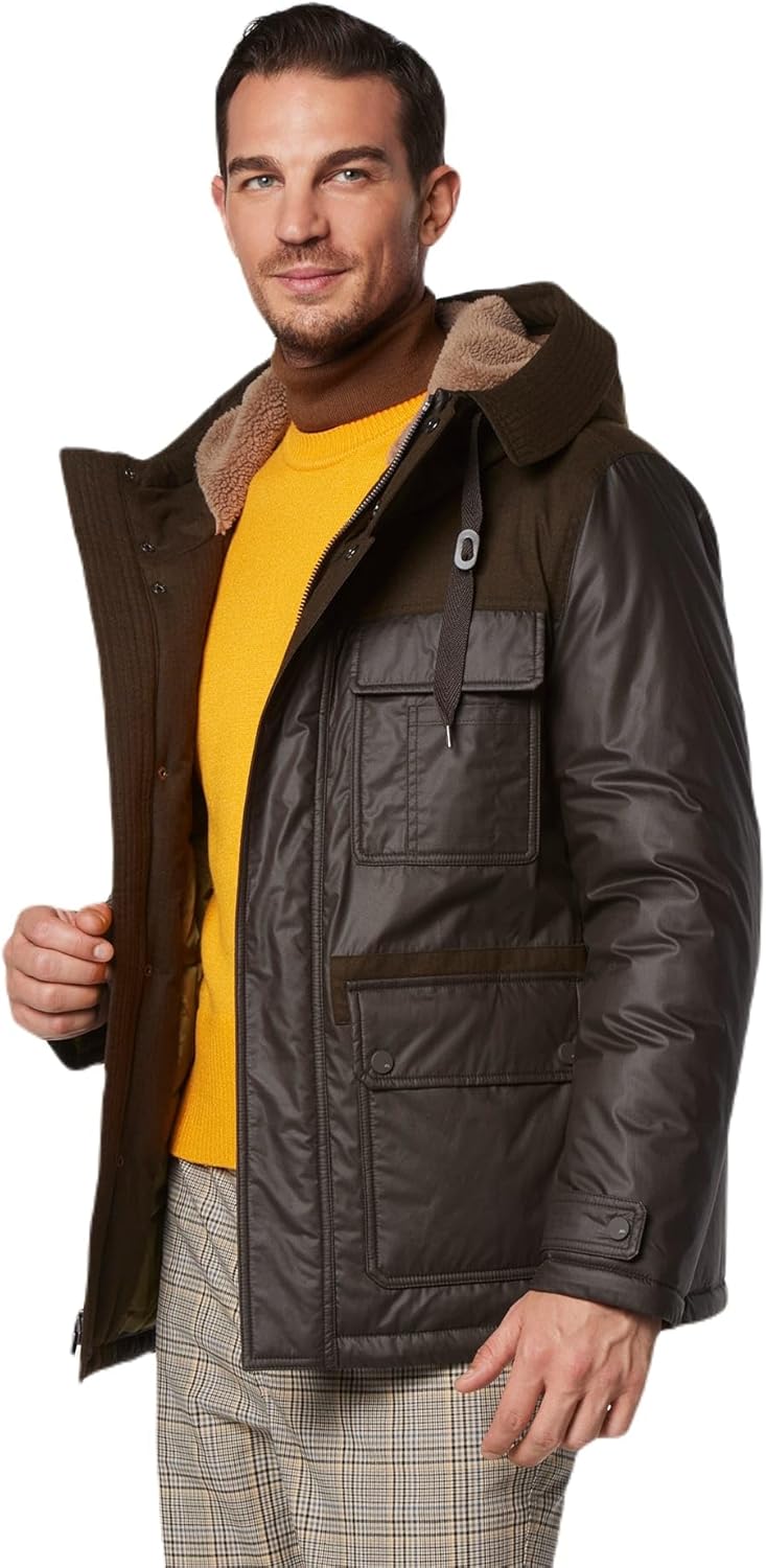 Andrew Marc Men's Short Fabric Blocked Parka With a Sherpa Lined Hood Harrigan Hooded Cuff Tab With Adjustable Snap