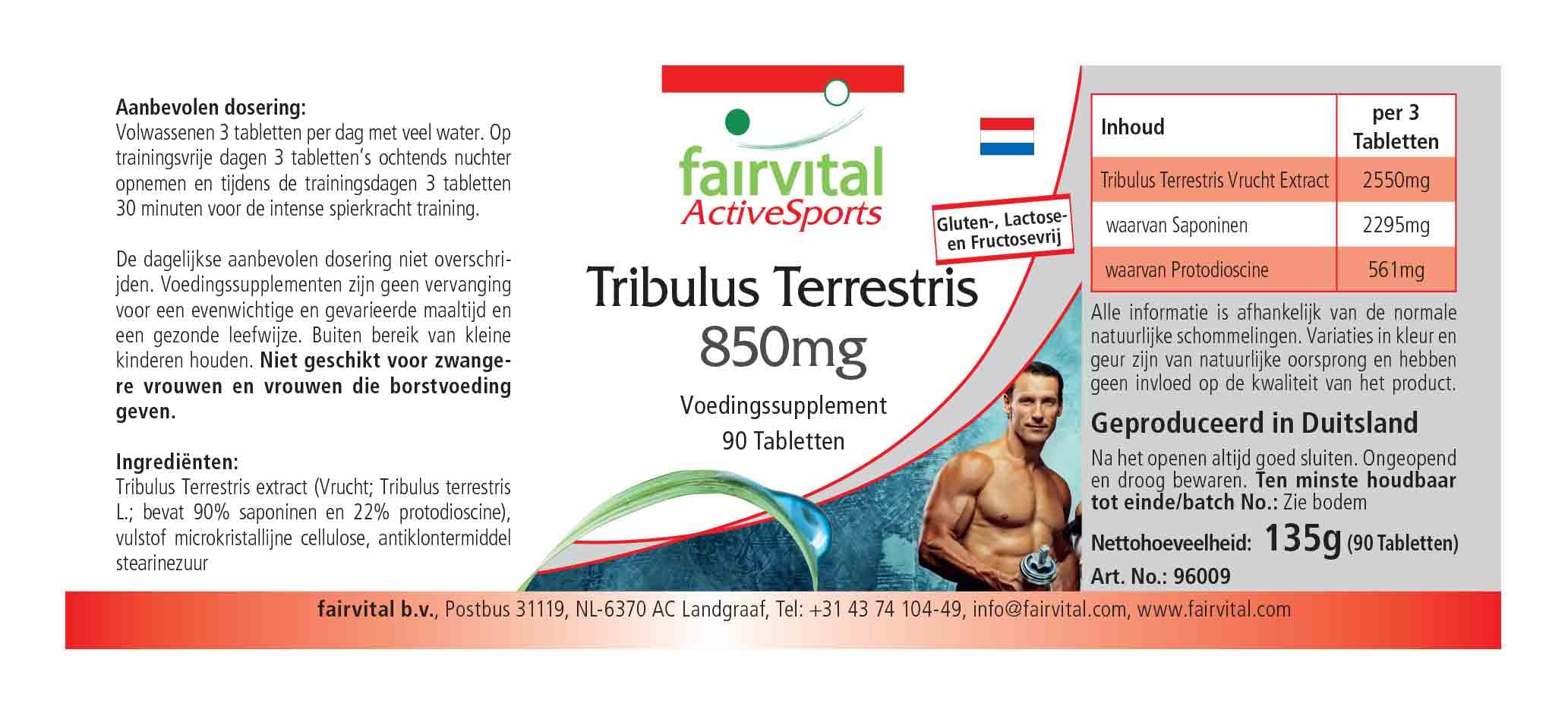 fairvital Estratto di Tribulus Terrestris 850 mg, 90 compresse, ALTO DOSAGGIO, 90% di saponine e 22% di protodioscina, VEGANO