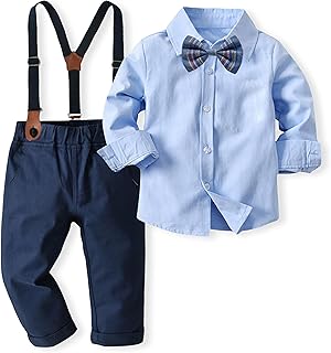 Volunboy Baby Boys' Romper Suit Set, Shirt with Bow Tie, Trousers and Braces