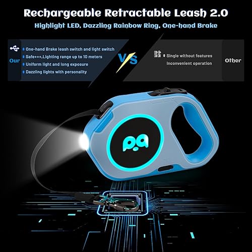 Miniatura 5 de Correa retráctil para perros con luz linterna LED recargable de 16 pies cinta de nailon resistente para perros pequeños, medianos y grandes de hasta