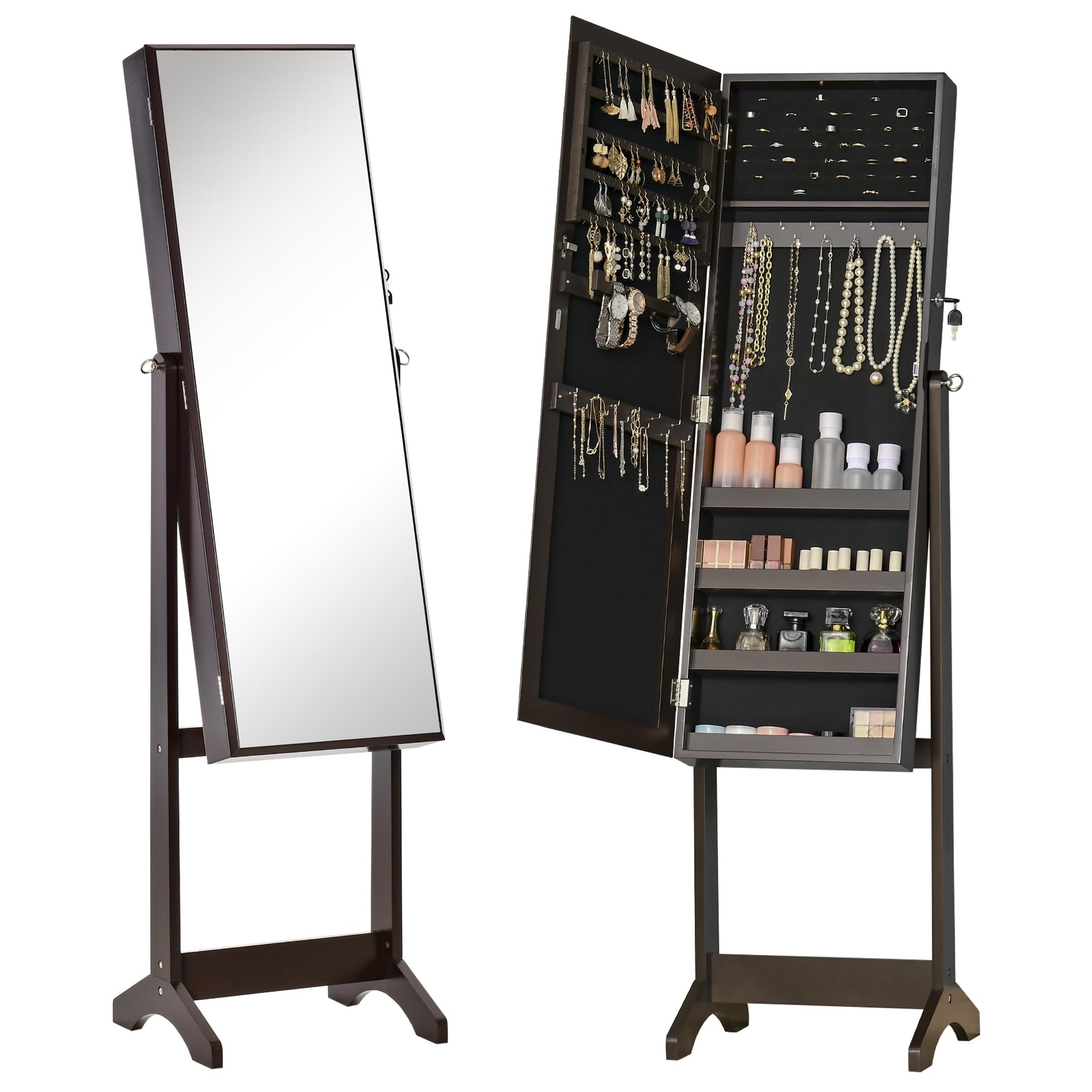 HOMCOM HOMCOM Armario para joyas con espejo de pie, multialmacenamiento, inclinación ajustable, cerradura dim. 46 x 36,5 x 151,5 cm de madera marrón
