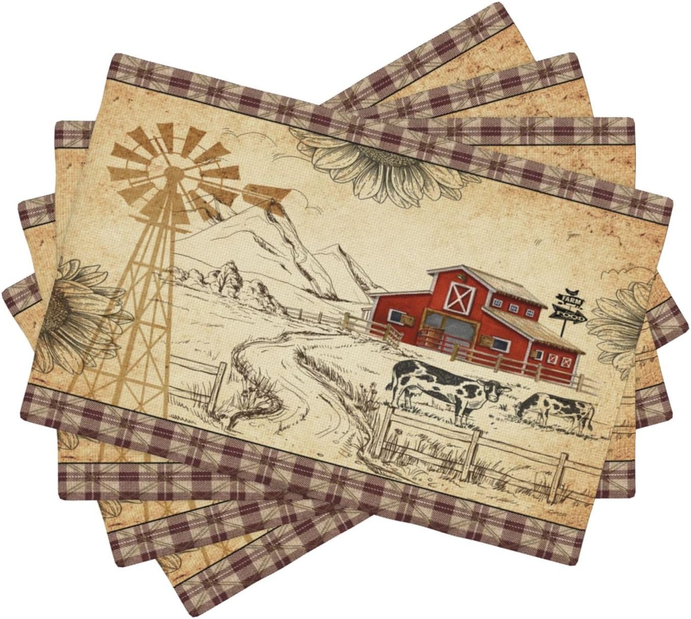 Retro Farm Cow Kitchen Placemats Vintage Brown Plaid Windmill Sunflower Country Farm Wildlife Cow Cottage Placemats Table Dining Party 12x18 Inch Set of 6