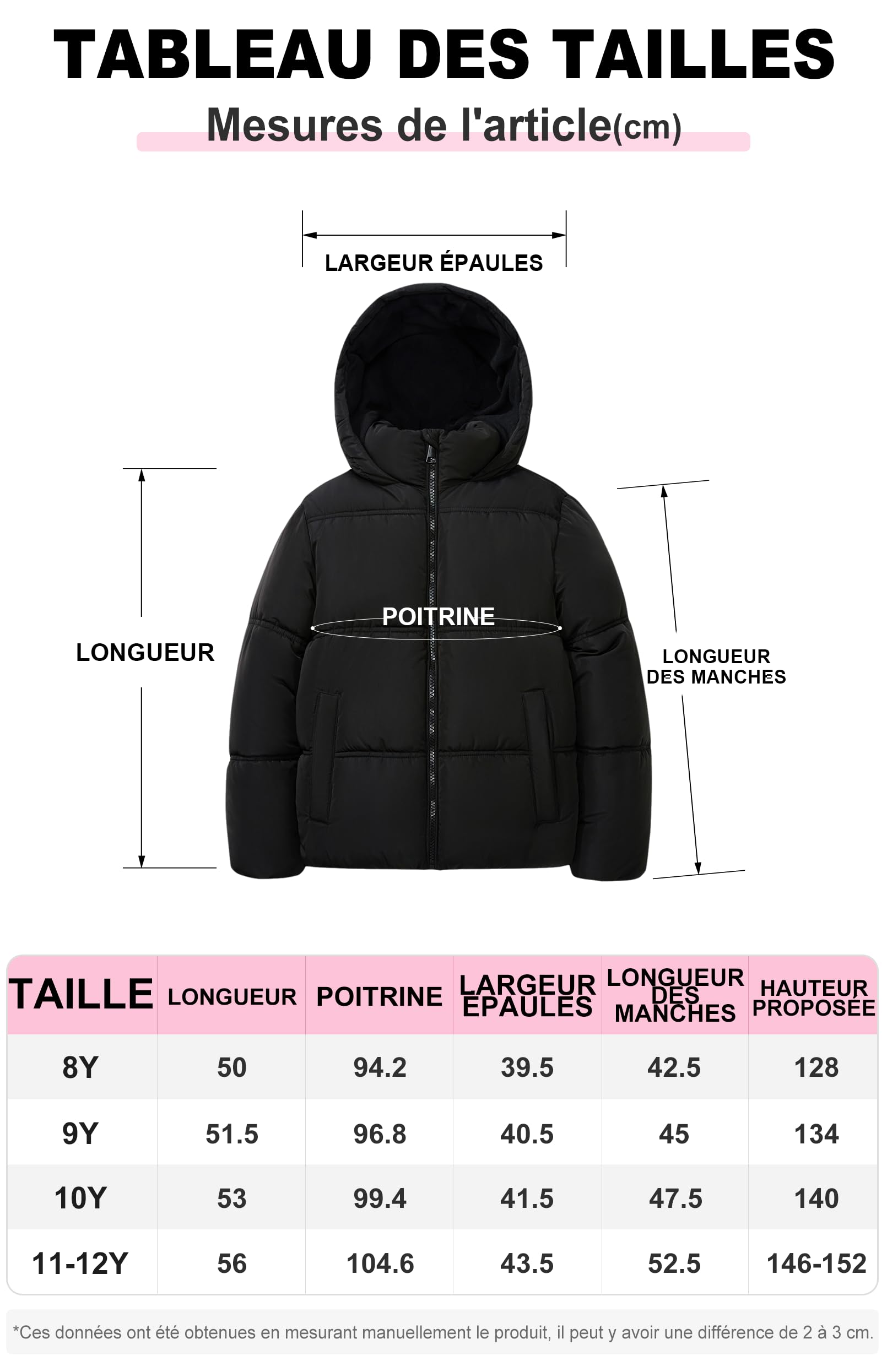 SOLOCOTE Manteau dhiver fille imperméable capuche doublure polaire poches poignets élastiques