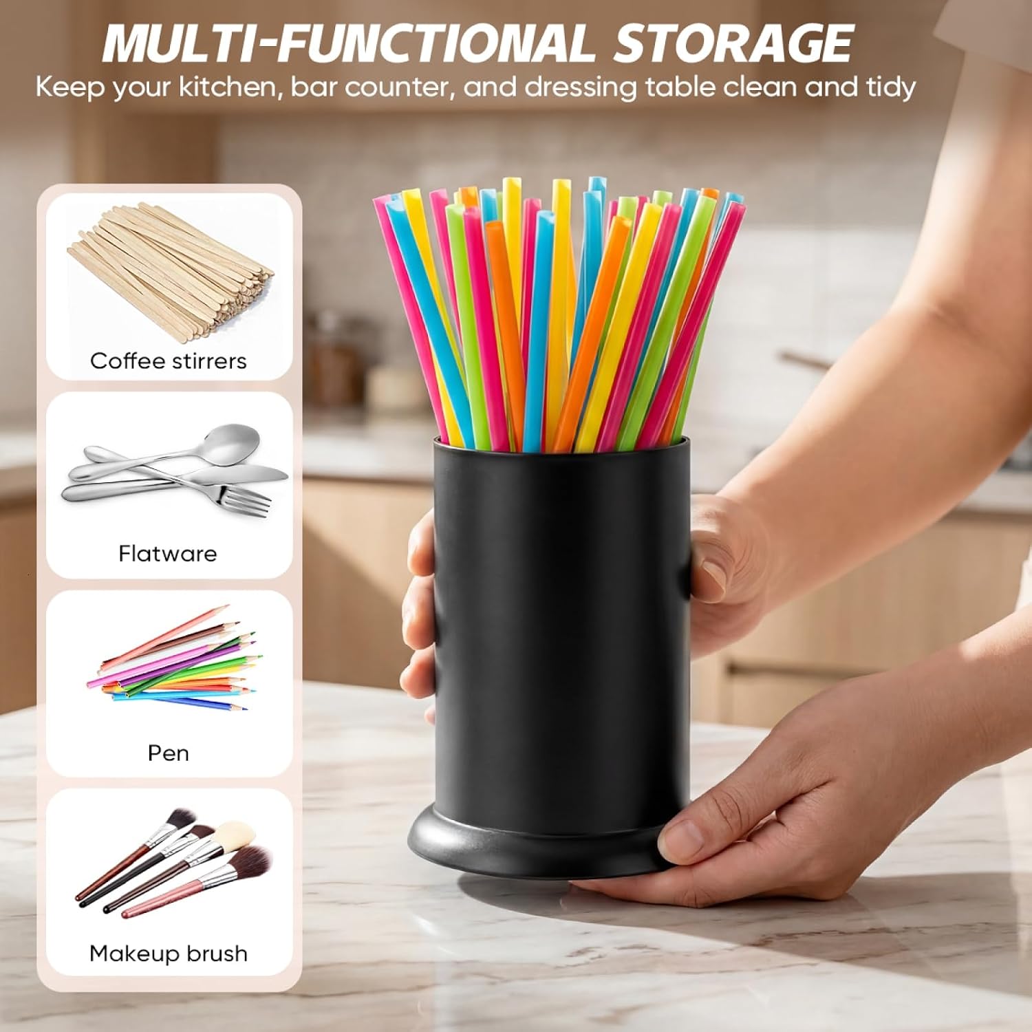 Stainless Steel Straw Holder Dispenser for Counter, 7" x 5" Kitchen Utensil Organizer for Coffee Stirrers Spoons Forks Chopsticks (Black)