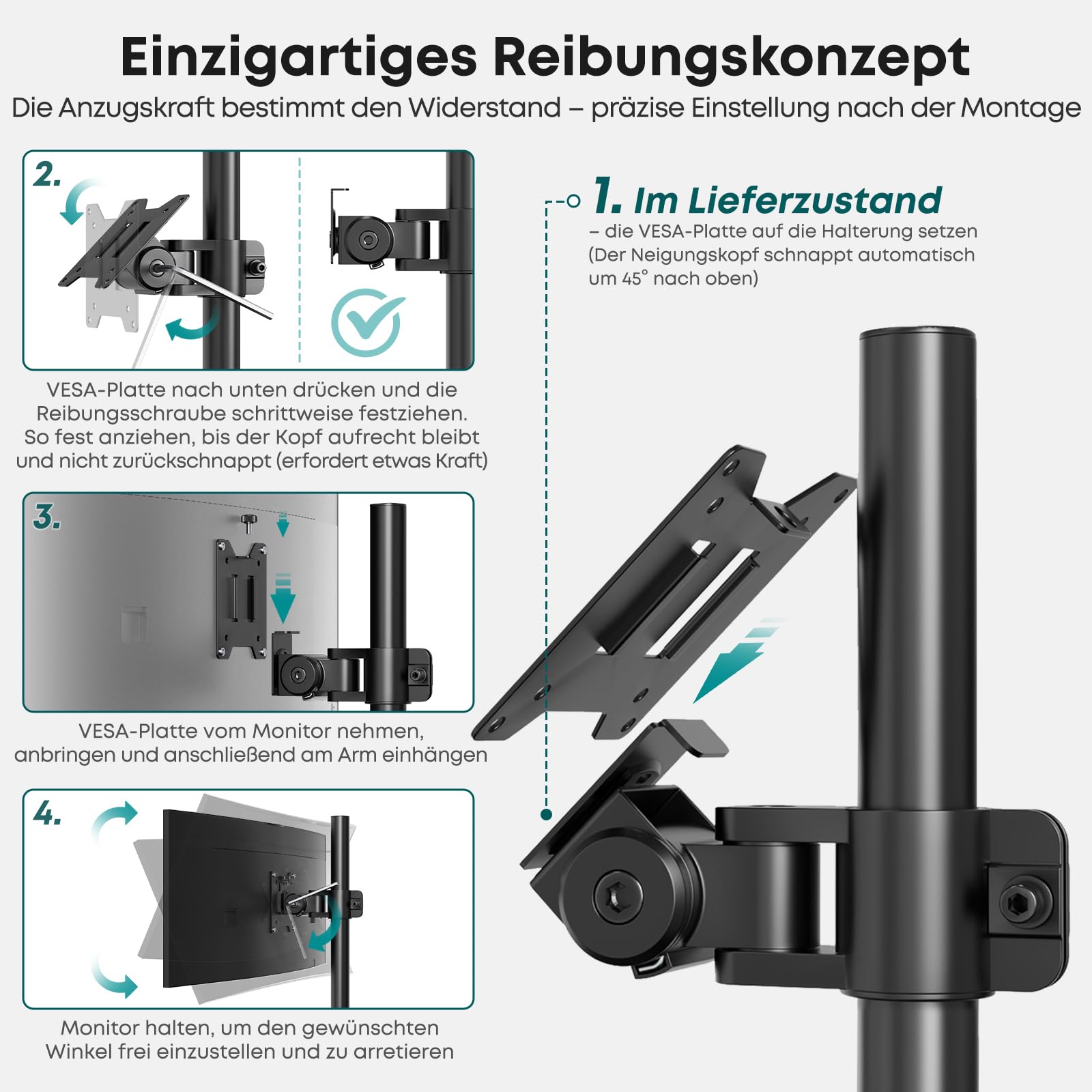 Monitor Halterung 2 Monitore übereinander – Höhenverstellbarer Dual-Arm Ständer für 17-49 Zoll Flach & Curved, bis zu 20 kg pro Arm, VESA 75/100 mm (Schwarz)
