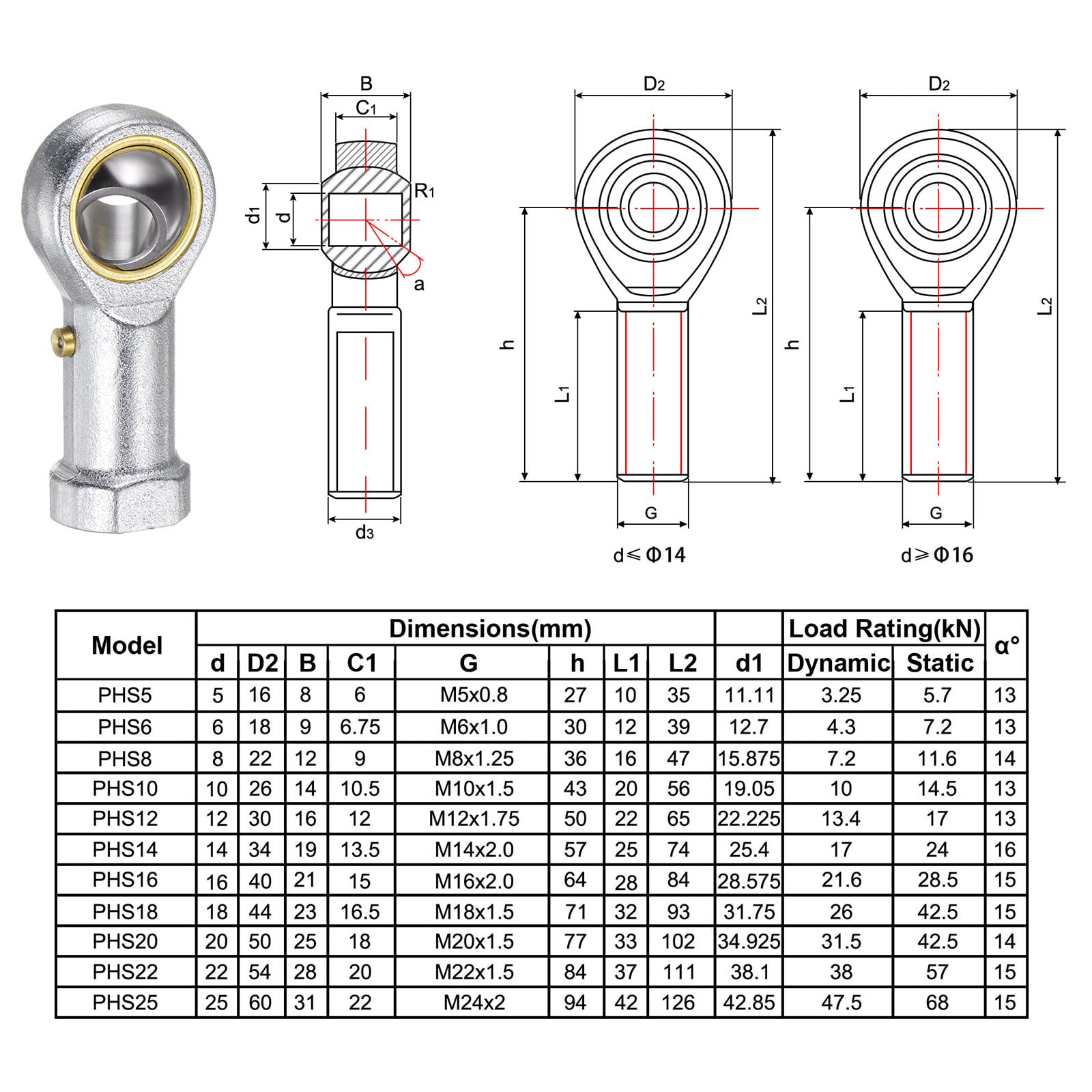 sourcing map PHS10 M10 - Juego de rodamientos de extremo de varilla hembra, 2 piezas de extremos de varilla de rosca M10 x 1.5 para mano izquierda y derecha con tuercas de atasco