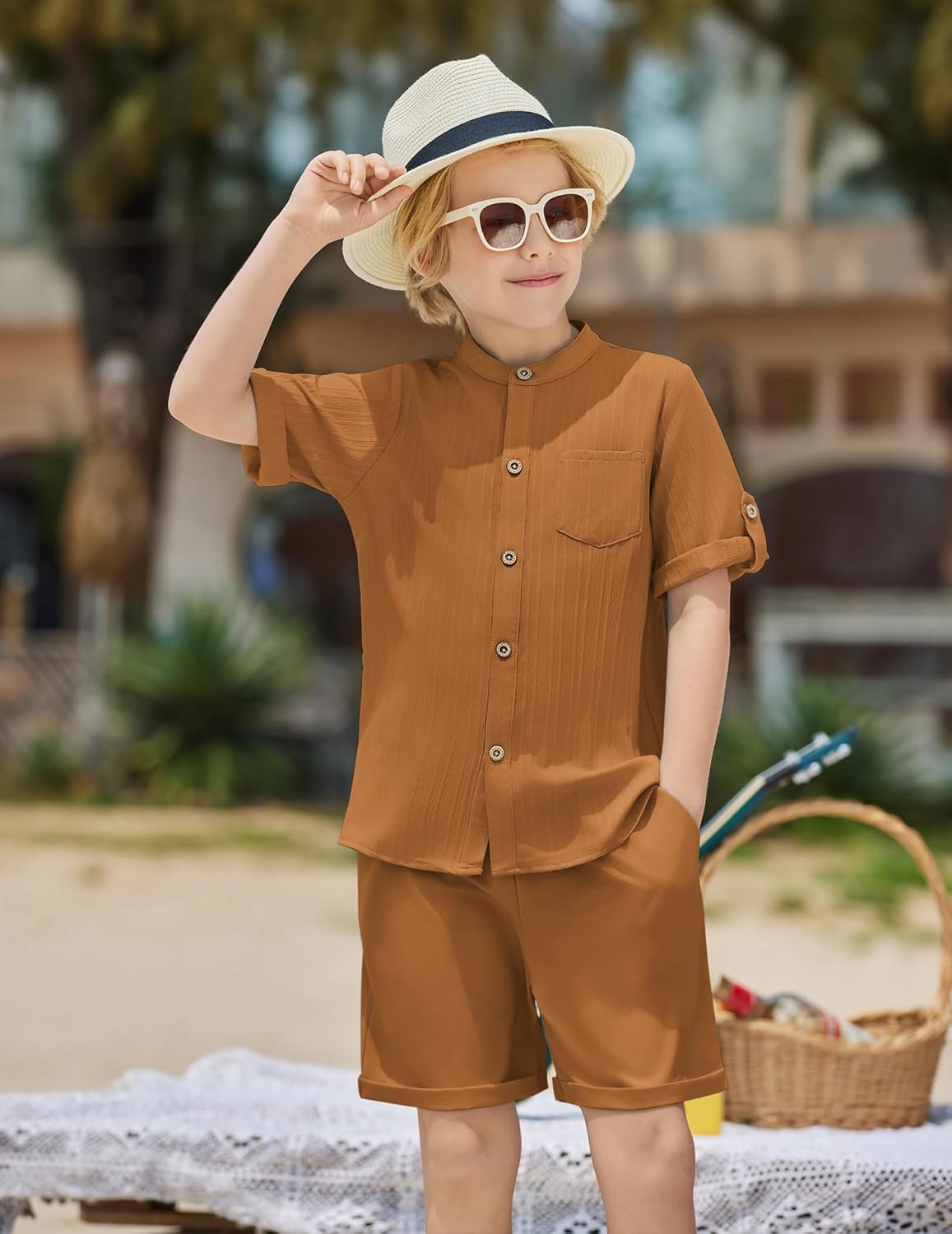 Arshiner Boy's 2 Piece Beach Outfit Short Sleeve Textured Button Down Shirt and Short Sets Summer Vacation Wear 5-12 Years - Image 2