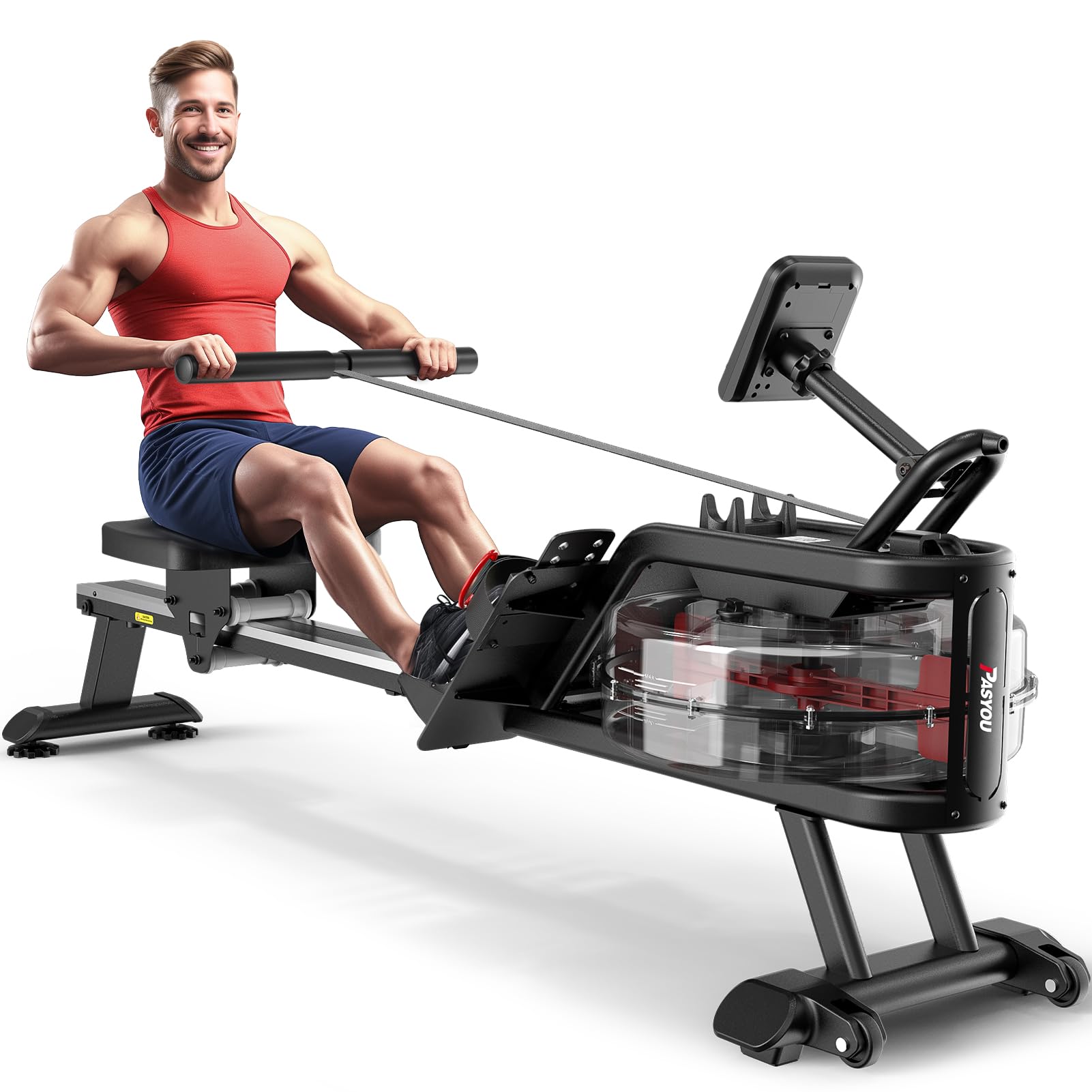 Rowing Machine, Water Rowing Machines for Home Use 350LB Weight Capacity, Rower Exercise Machine with Bluetooth, LCD Monitor, Adjustable Pedals