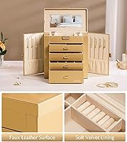 Vista 69 de Homde Regalos de Navidad de cuero sintético, enorme joyero, organizador de reloj con espejo, collar, anillo y aretes, estuche de regalo con Dorado