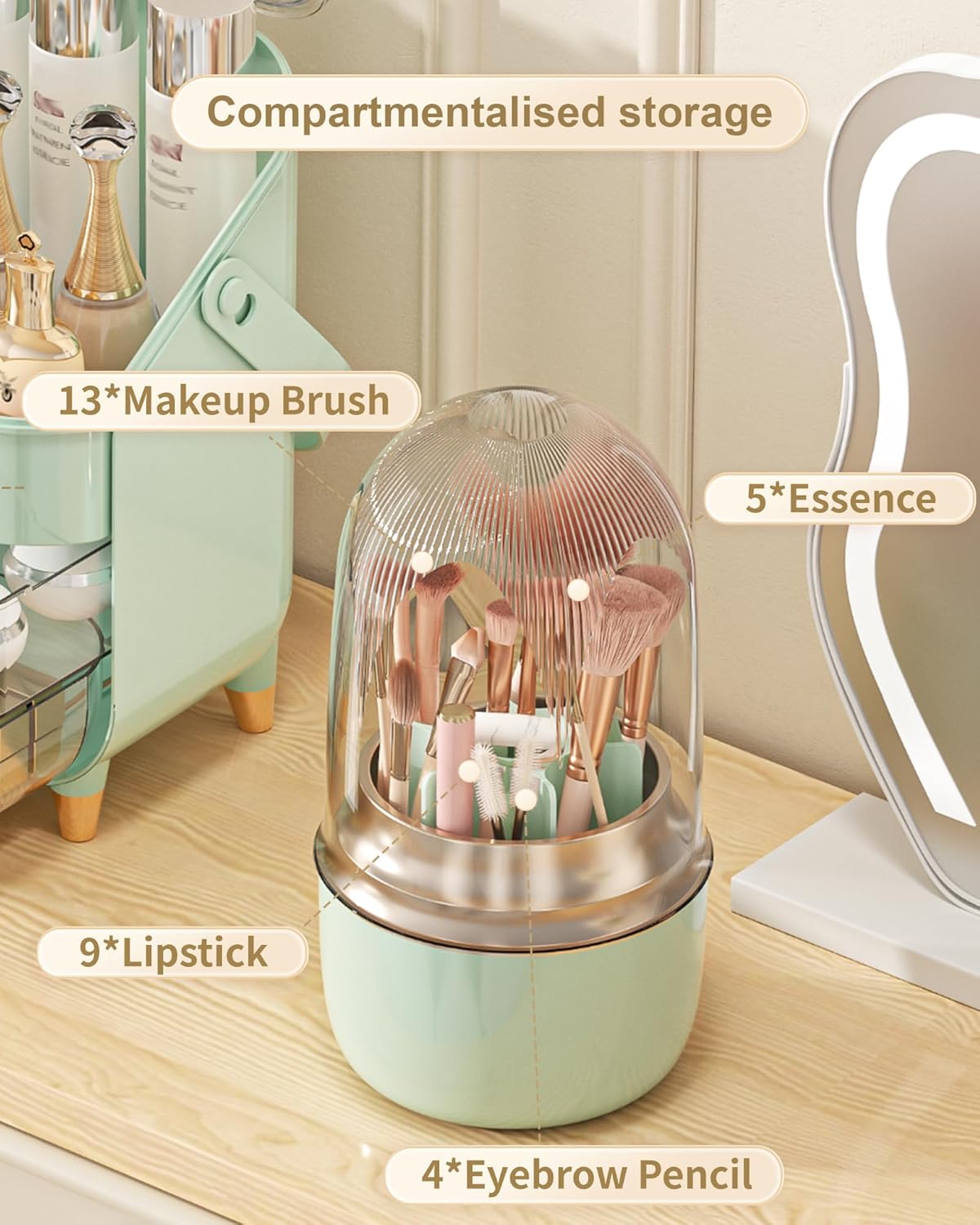Makeup Brush Holder 360 Rotating, [Upgrade & with Cover] Makeup Brush Organizer for Vanity Countertop Bathroom (Green)