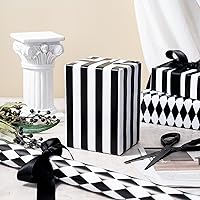 Vista 4 de RUSPEPA Rollo de papel de regalo reversible, mini rollo, rayas blancas y negras y patrón de diamantes para regalo de cumpleaños, bodas