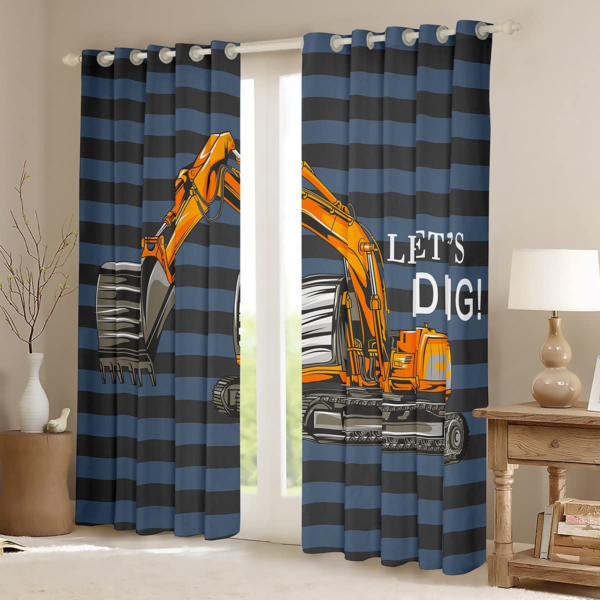 Excavadora para niños, Cortinas de Ventana de construcción, Camiones, Rayas Negras, Naranjas, Coches, Cortinas de Ventana para Dormitorio, Sala de Estar, maquinaria Pesada, tratamientos de Ventana de