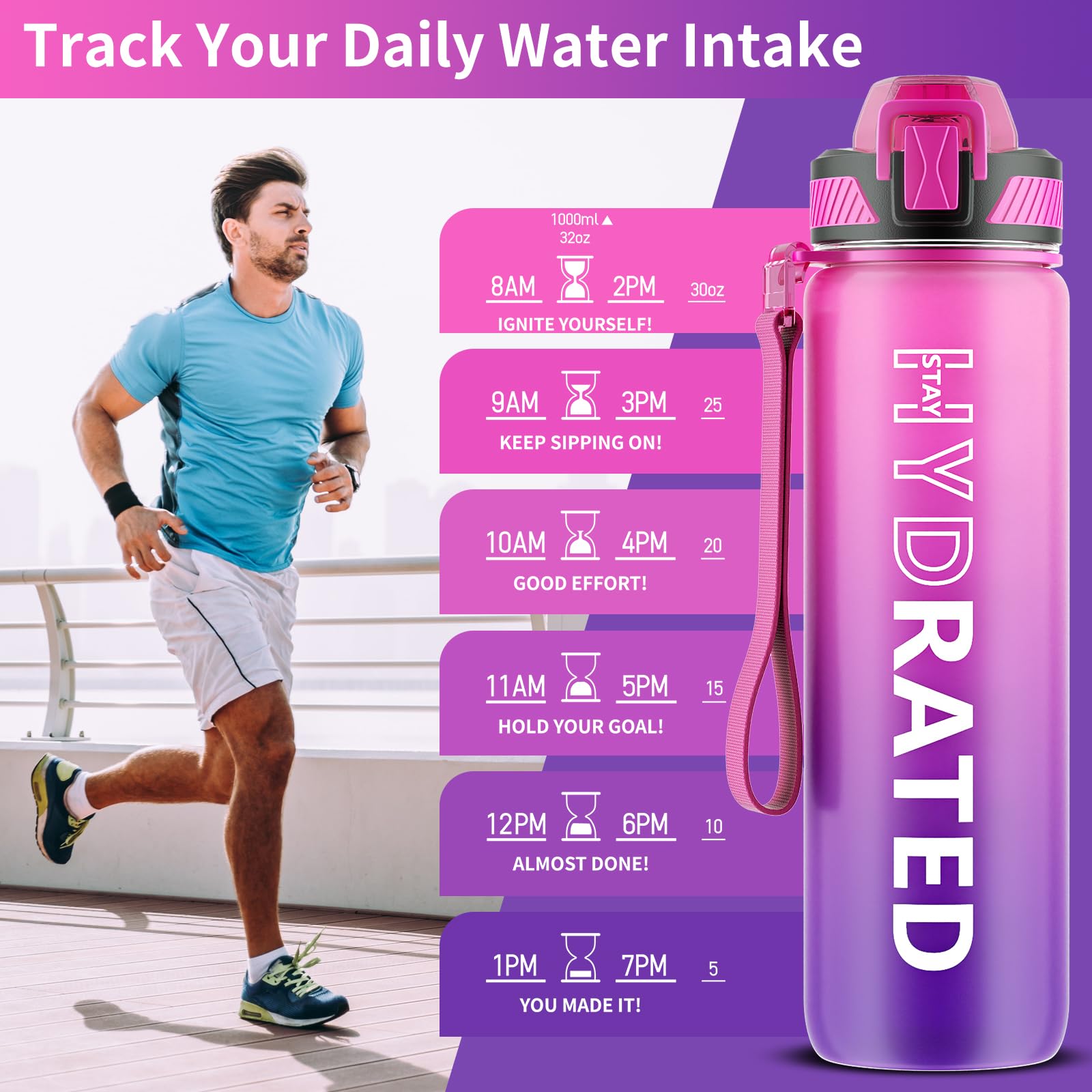 QLUR Borraccia Motivazionale 1L Con Cannuccia - Senza BPA, Indicatore Orario Per Bere - Foto 6