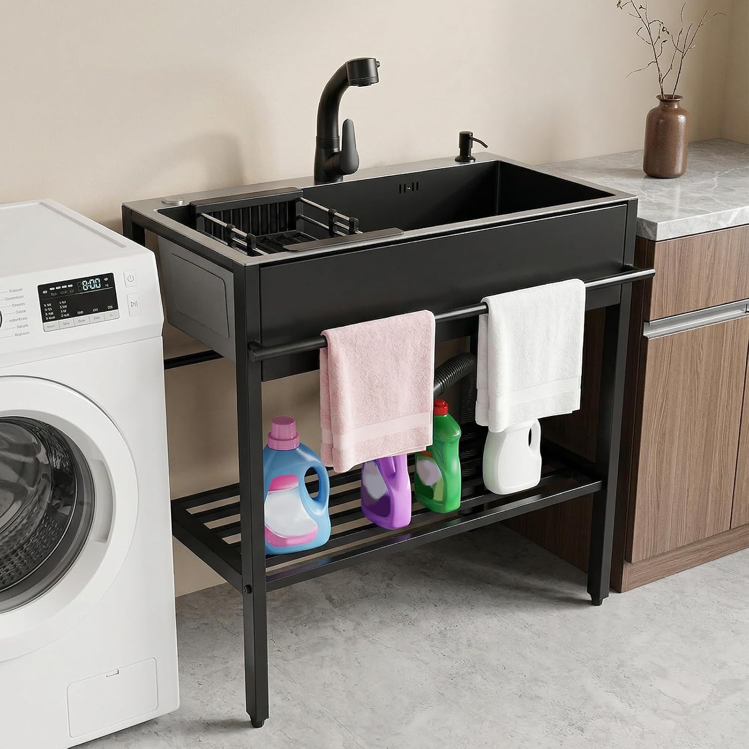 Stainless Steel Utility Sink with Cold and Hot Water Faucet Hoses and Drain Kit Laundry Sink Prep & Utility Washing Hand Basin for Restaurant Garage