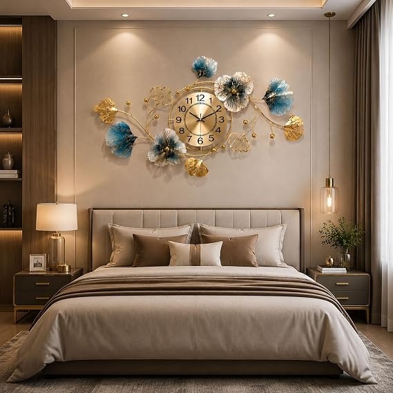 Large Wall Clock Modern Stylish Wall Clock Decorative | Metal Ginkgo Leaf Design Style Eternal Love Theme Symbolic Gold Finish Kitchens Living Rooms Family Rooms Study Gold,S