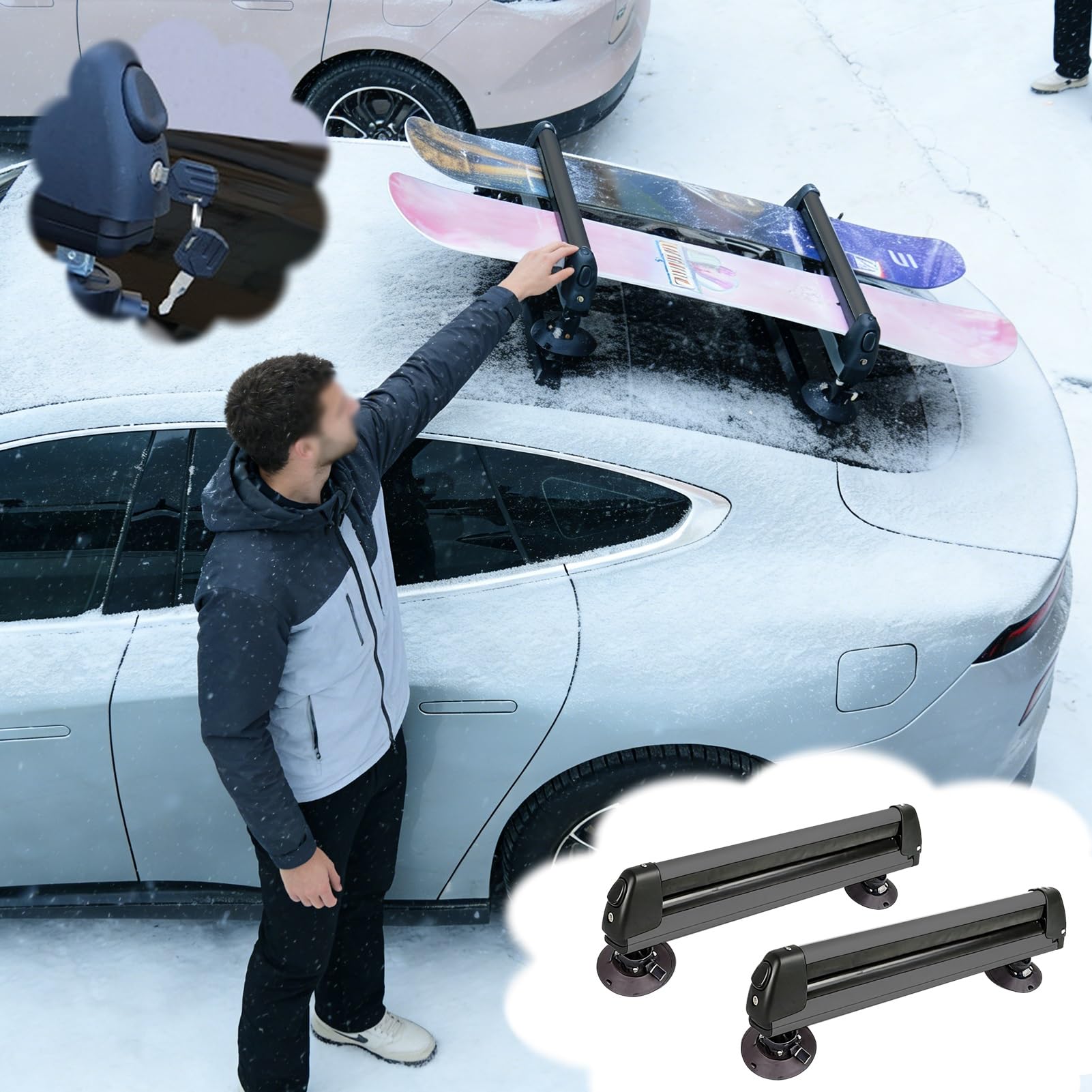 Stojak na Narty Zamykany na Hak Uchwyt na Snowboard/Narty, Uchwyt na Kijki Narciarskie Bez Drążka z Regulowanymi Przyssawkami, 2 Antypoślizgowe Organizery(Black)