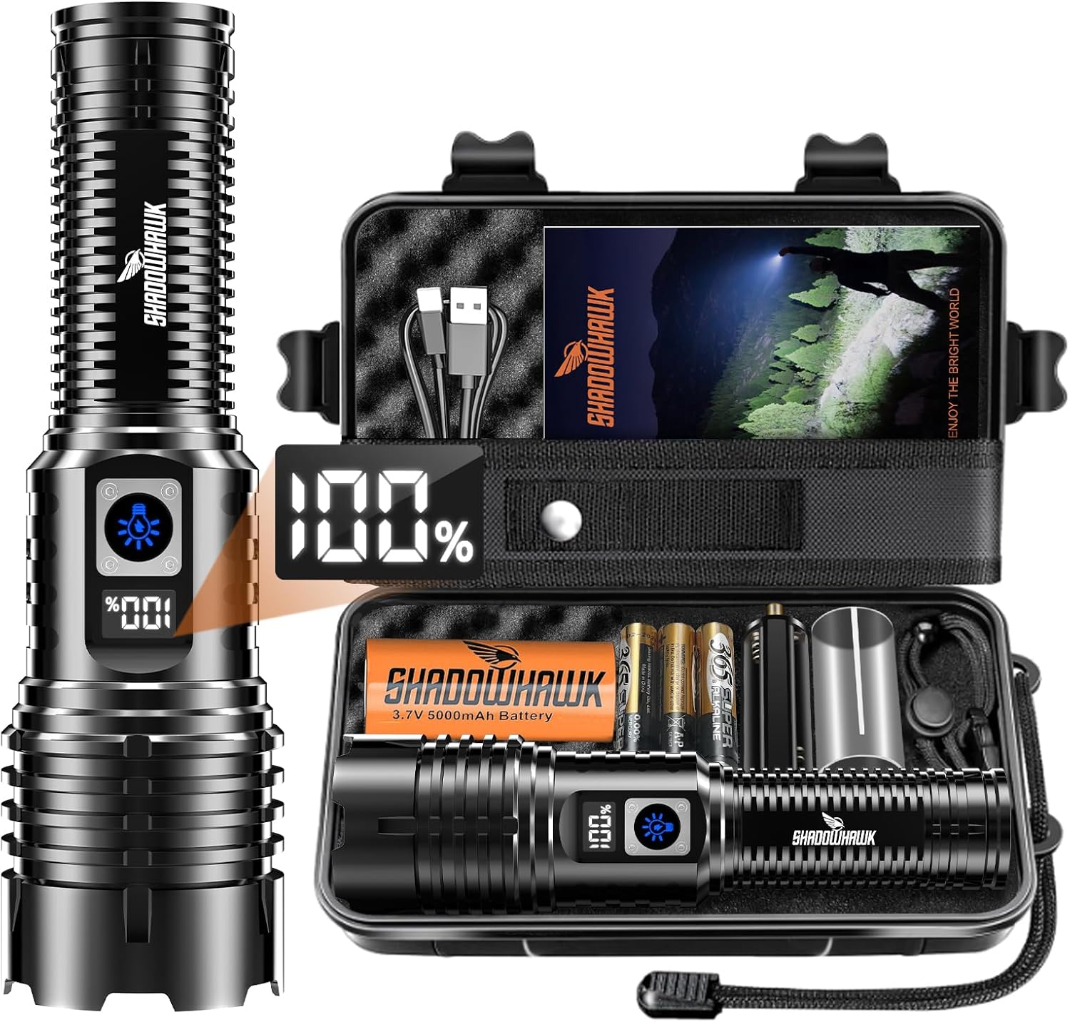 Shadowhawk Torches LED Super Bright Rechargeable, Flashlight 500000L XHM77.2 Tactical Torches – Powerful, Adjustable Focus Powerful Flash Light, USB Hand Torch for Dog WalkingCampingEmergencyGift