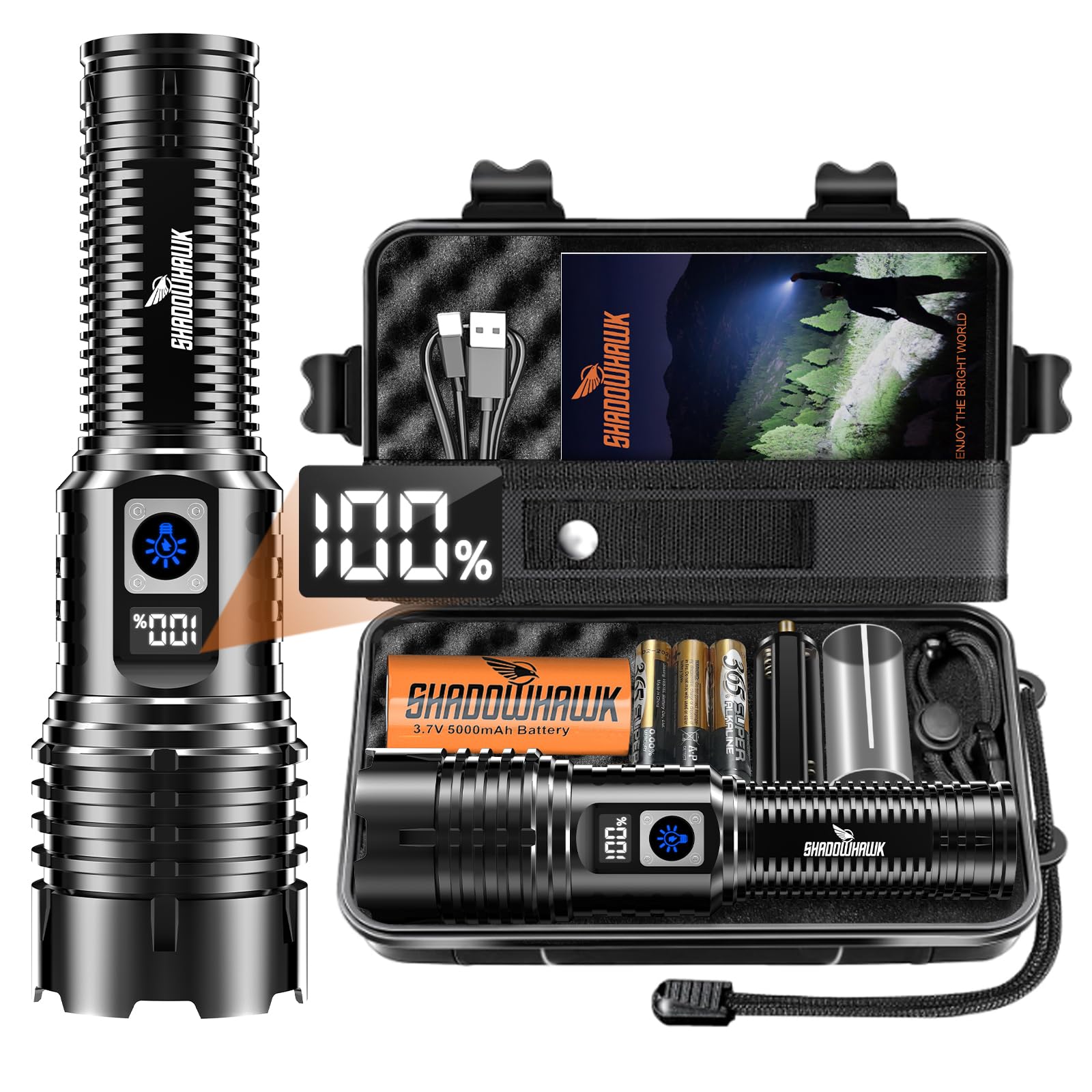 Shadowhawk Torches LED Super Bright Rechargeable, Flashlight 500000L XHM77.2 Tactical Torches – Powerful, Adjustable Focus Powerful Flash Light, USB Hand Torch for Dog Walking/Camping/Emergency/Gift