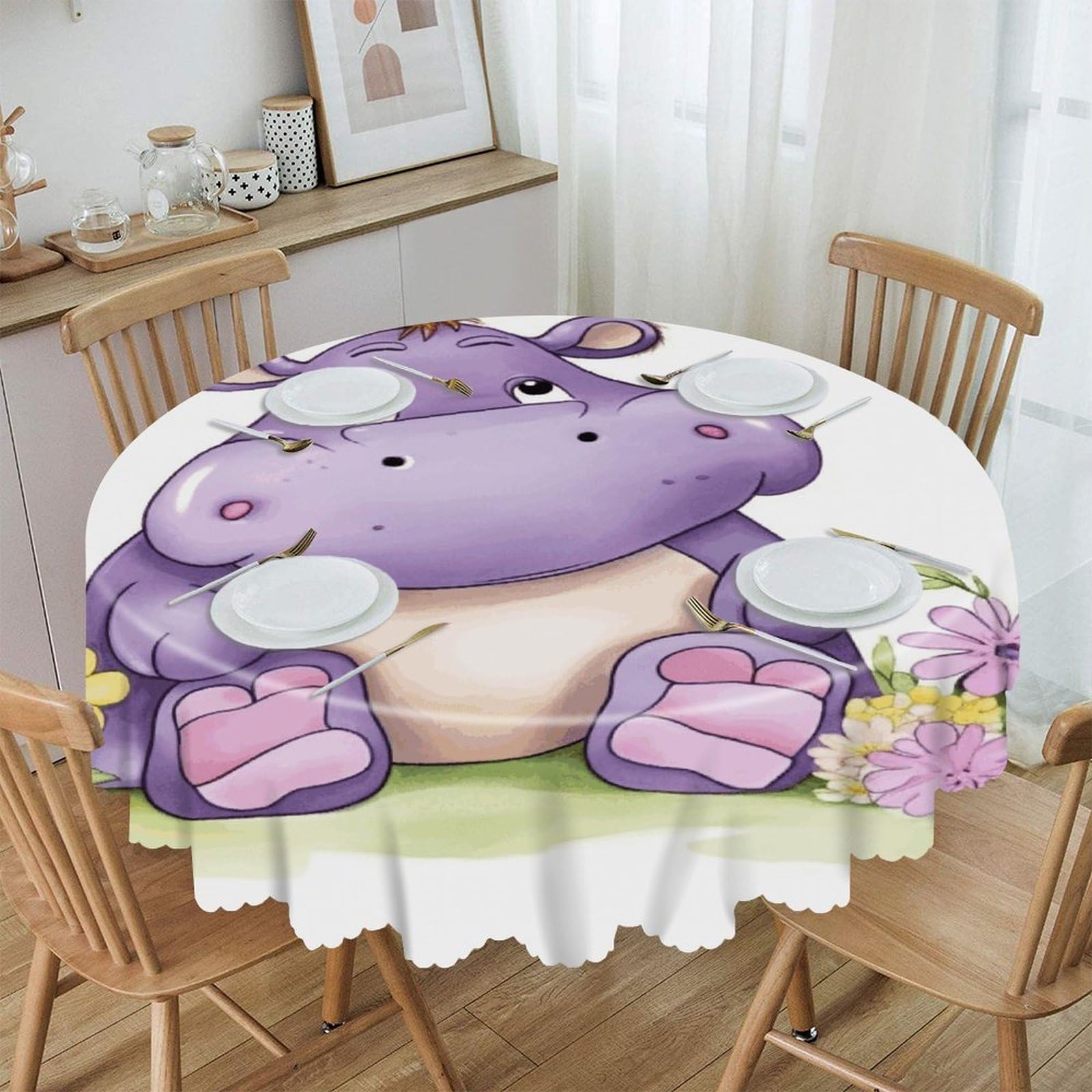 FekiLoot Butterfly and Hippo Round Tablecloths 60 Inch Resistant Washable Polyester Table Cloth Style Decorative Circle Fabric Table Cover for Dining Kitchen Party Farmhouse Outdoor