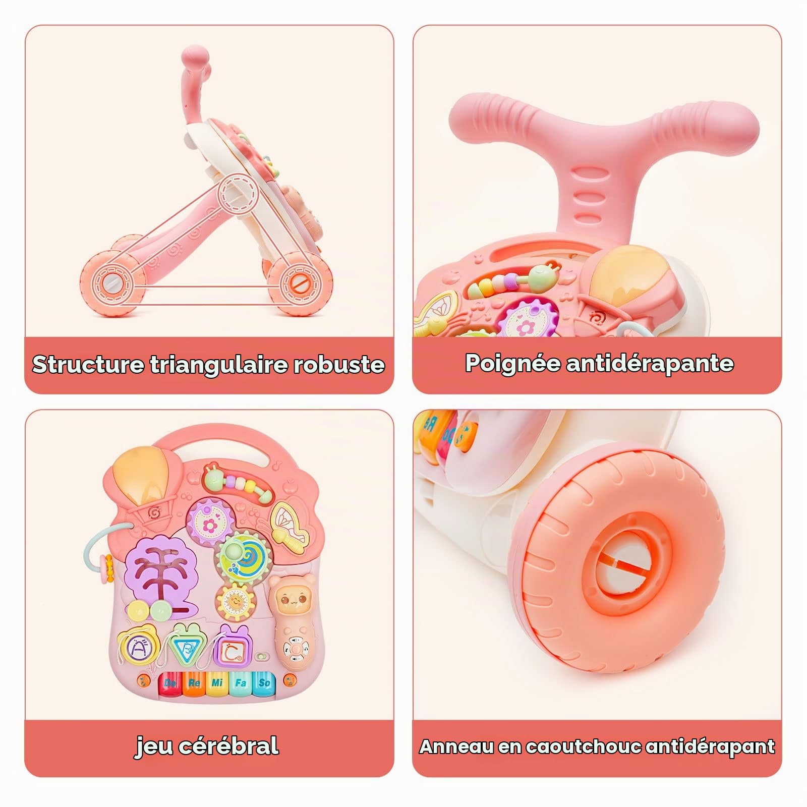 Trotteur Pour Bébé, Trotteur 2 en 1 Assis-debout, Trotteur avec Jouets Montessori et Tableau d'Éveil Détachable, Baby Walker avec Pneus en Caoutchouc, Trotteur pour Bébé à Partir de 6 Mois