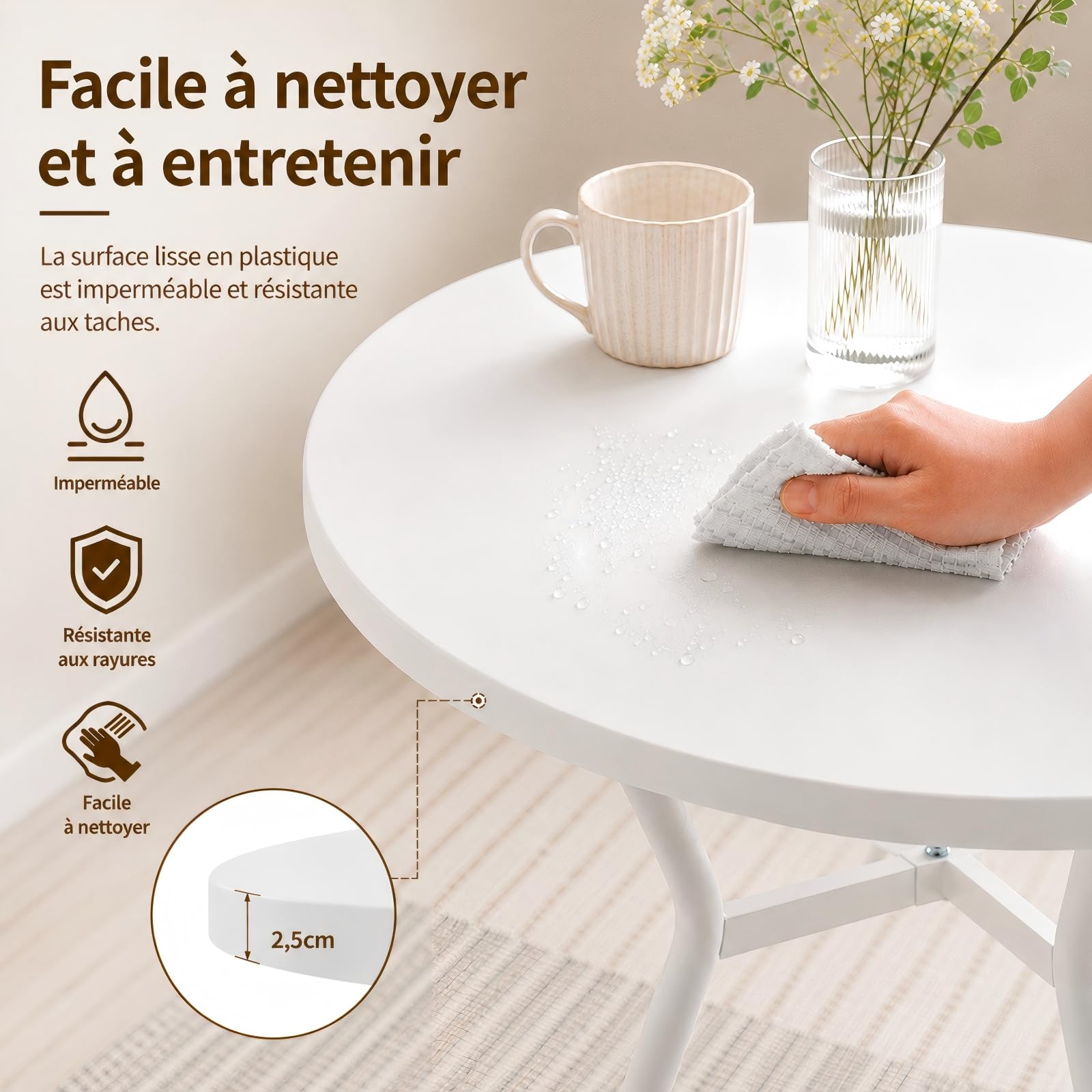 JIJIAN Table Ronde à Manger 2 à 4 Personnes, Petite Table de Cuisine 80 x 80 x 75 cm, Pieds en Métal, idéale pour Petits Espaces, Cuisine, Salle à Manger, Balcon et Jardin, Blanche