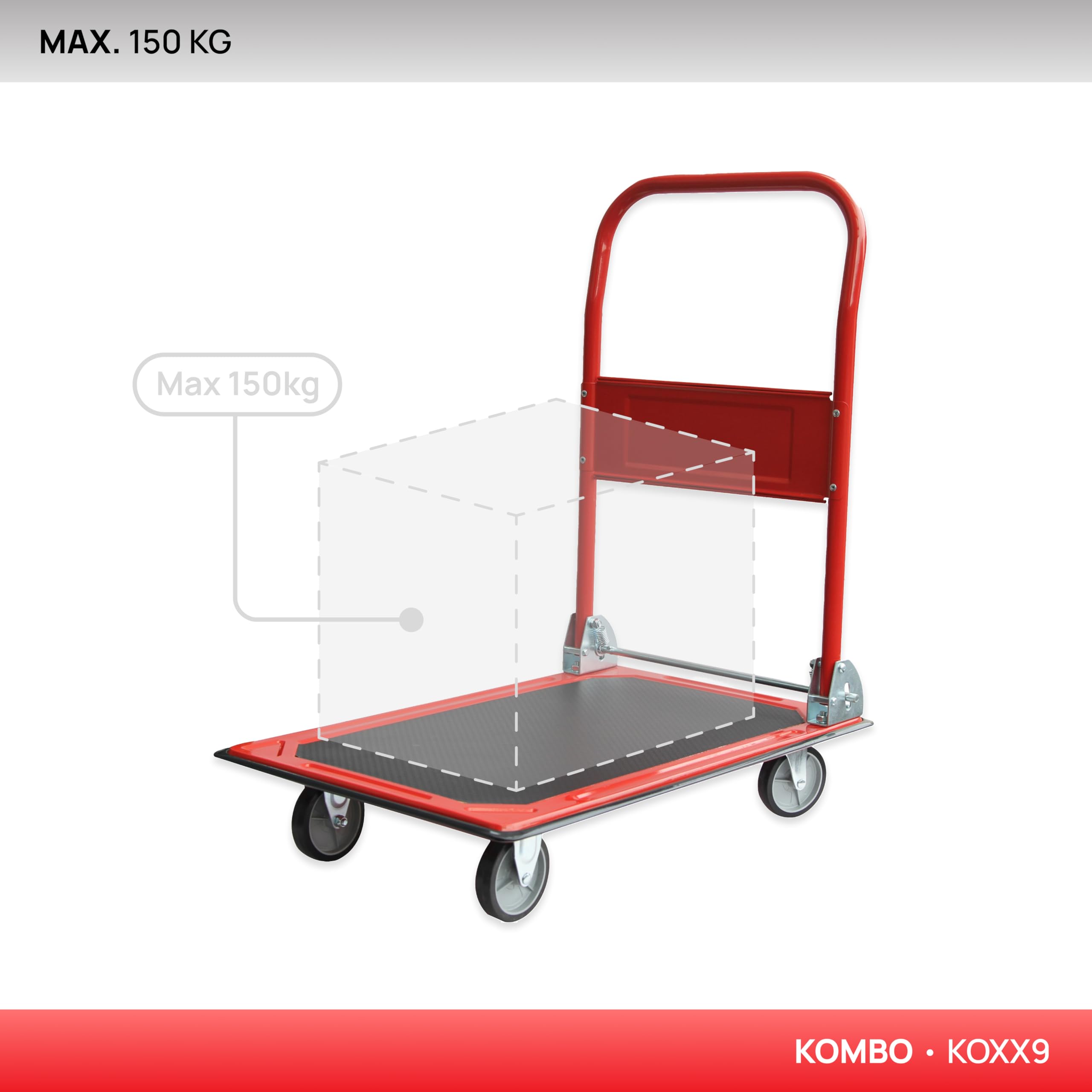 KOMBO Carro con ruedas portatodo plegable con plataforma de acero y protector de esquinas de PVC – Carga 150 kg, ruedas giratorias, asa abatible, ideal para transporte de mercancías y almacén