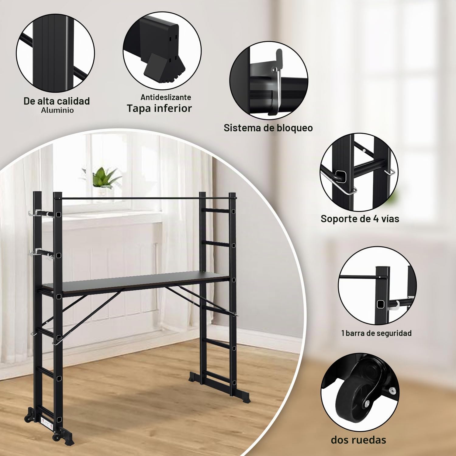Gimisgu Andamio, escalera multifunción 4 en 1 de aluminio 6+6 peldaños, andamio móvil multiusos con plataforma y 2 ruedas, plataforma de trabajo, andamio de trabajo, soporta hasta 150 kg máximo, Negro