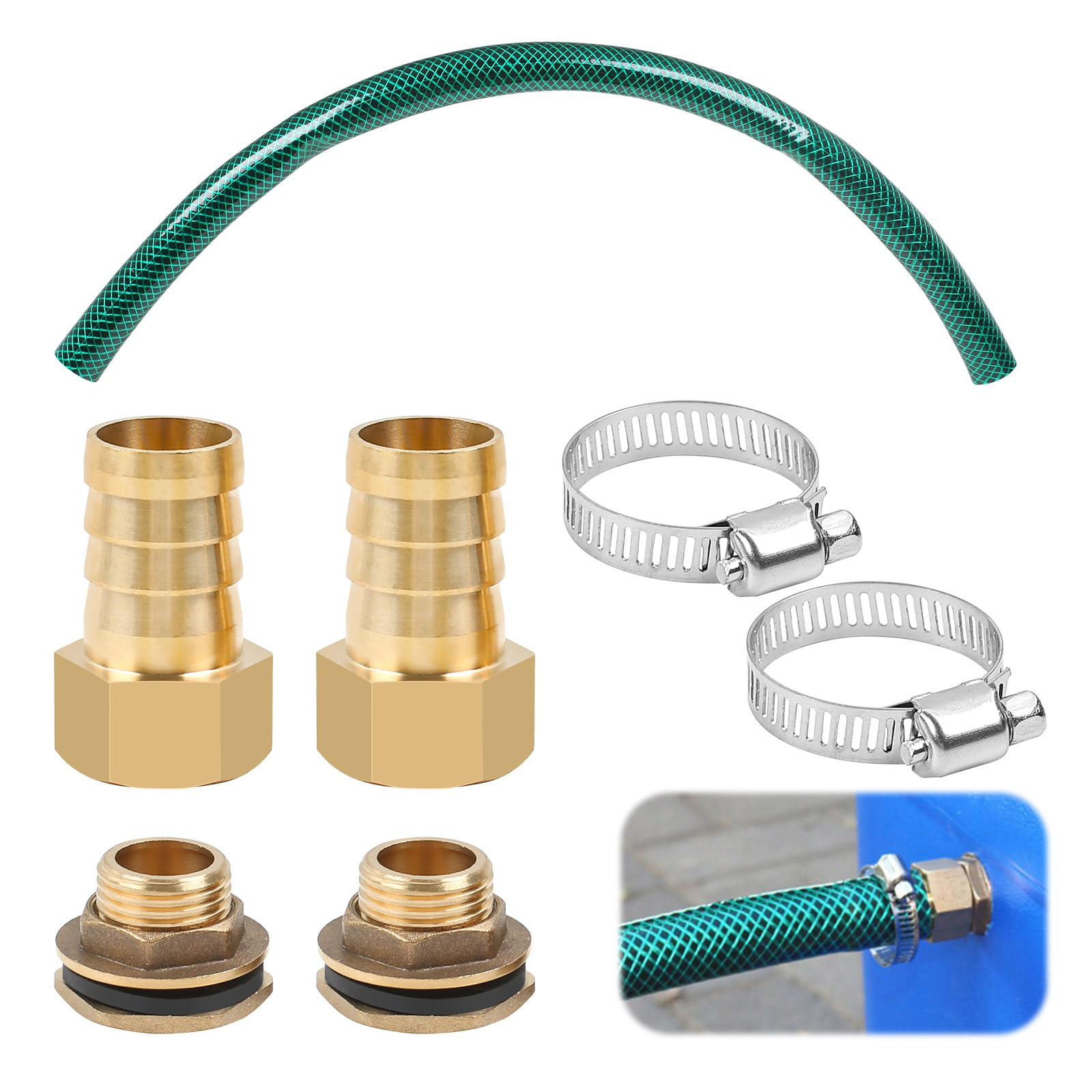 MaxEarn 25 mm (1 inch) water butt connection set, 50 cm length hose, water butt connection with connecting hose and brass accessories, for rain collectors, rainwater barrels