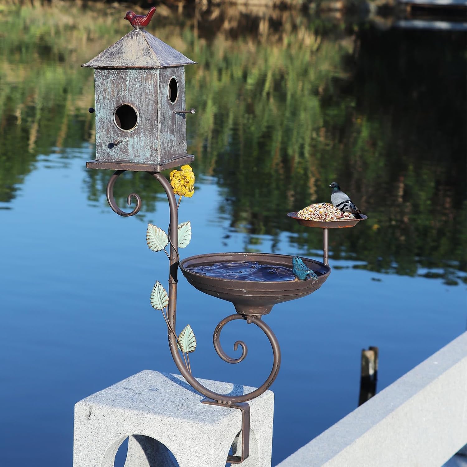 Deck Bird Bath, 3 in 1 Metal Bird Bath and Bird Houses, Decorative Deck Mounted Bird Baths, Detachable and Adjustable Sturdy Deck Bird Bath for Outdoor Porch Yard Garden Decoration