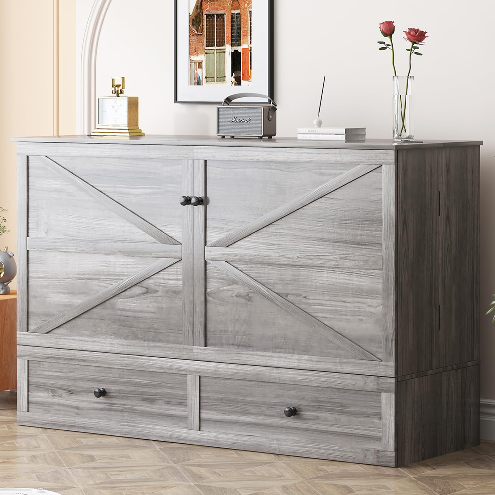 Mjkone Murphy Bed Full Size Cabinet with Tri-Fold Memory Foam Mattress, USB Charging Station, Farmhouse Wood Space-Saving Hidden Folding Chest Cabinet Bed for Guest Room Apartment, Gray