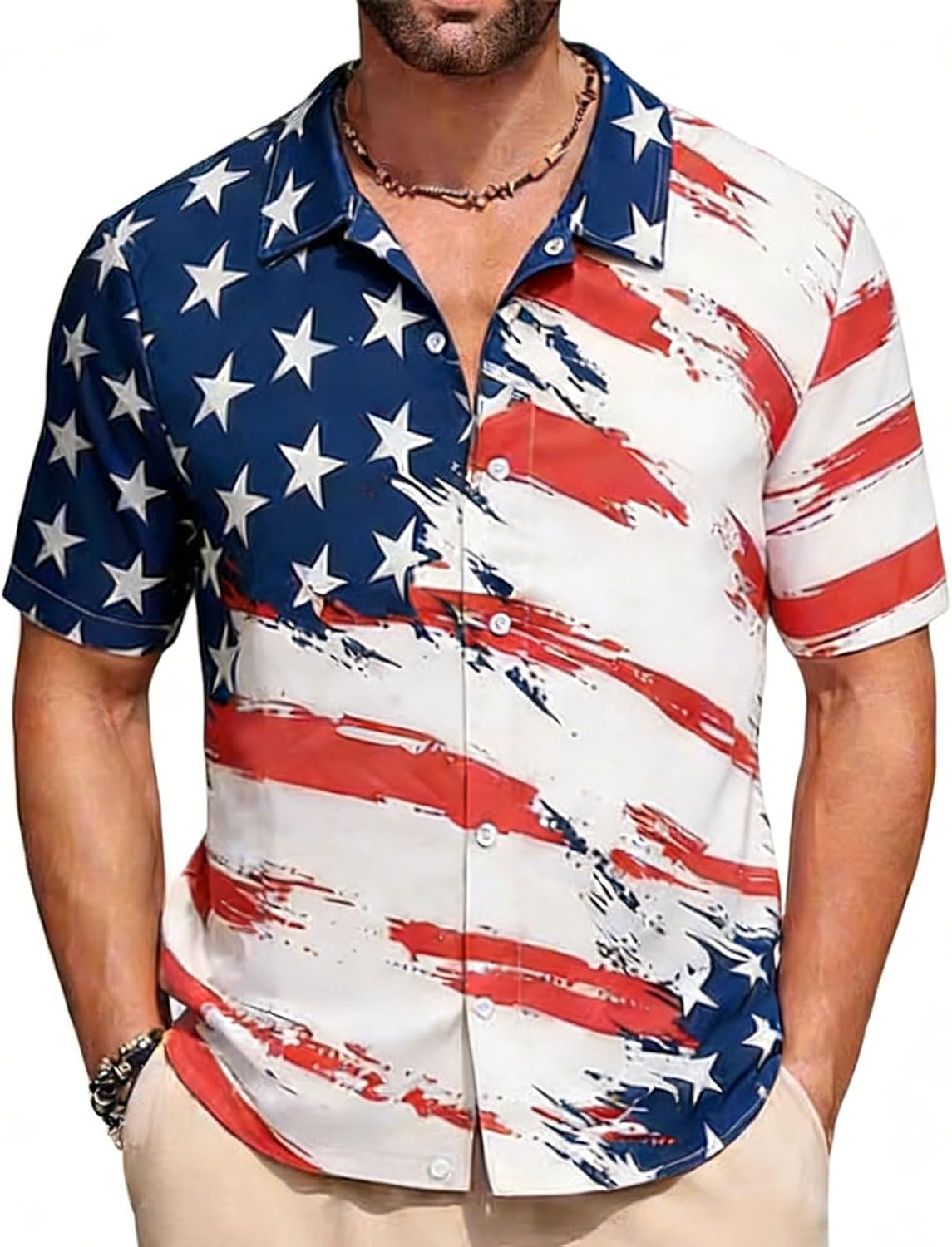 Men's American Flag Patriotic Button Down Shirts Short Sleeve 4th of July Summer Casual Hawaiian Shirt