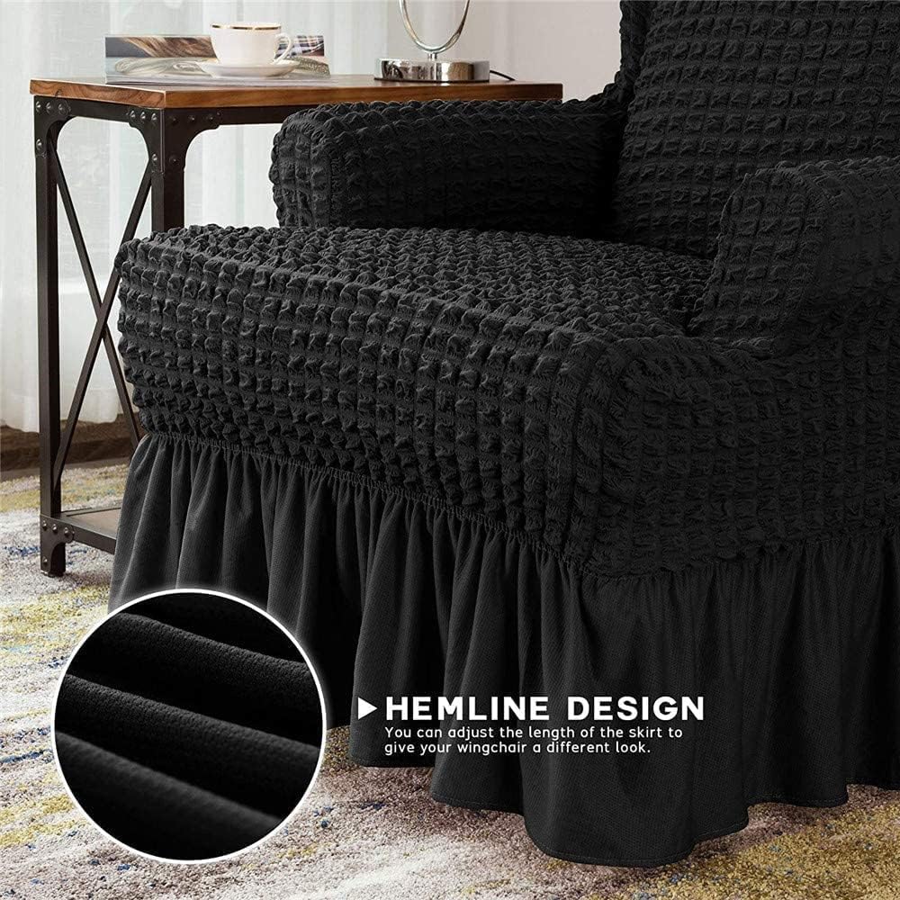 Stretch Slipcover with Skirt 1-Piece Universal Easy Fitted Wingback Chair Slipcover with Elegant Ruffle High Elastic Seersucker Wing Back Chair Cover (Color : Black)