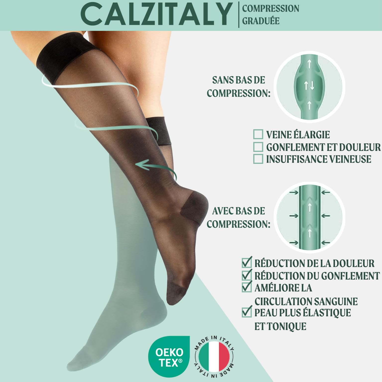 CALZITALY PACK 1/2 Mi-bas de Contention avec Compression Graduée Forte 15-21 mm/Hg | Noir, Beige | XS/S, S/M, L/XL | 140 DEN | Made in Italy