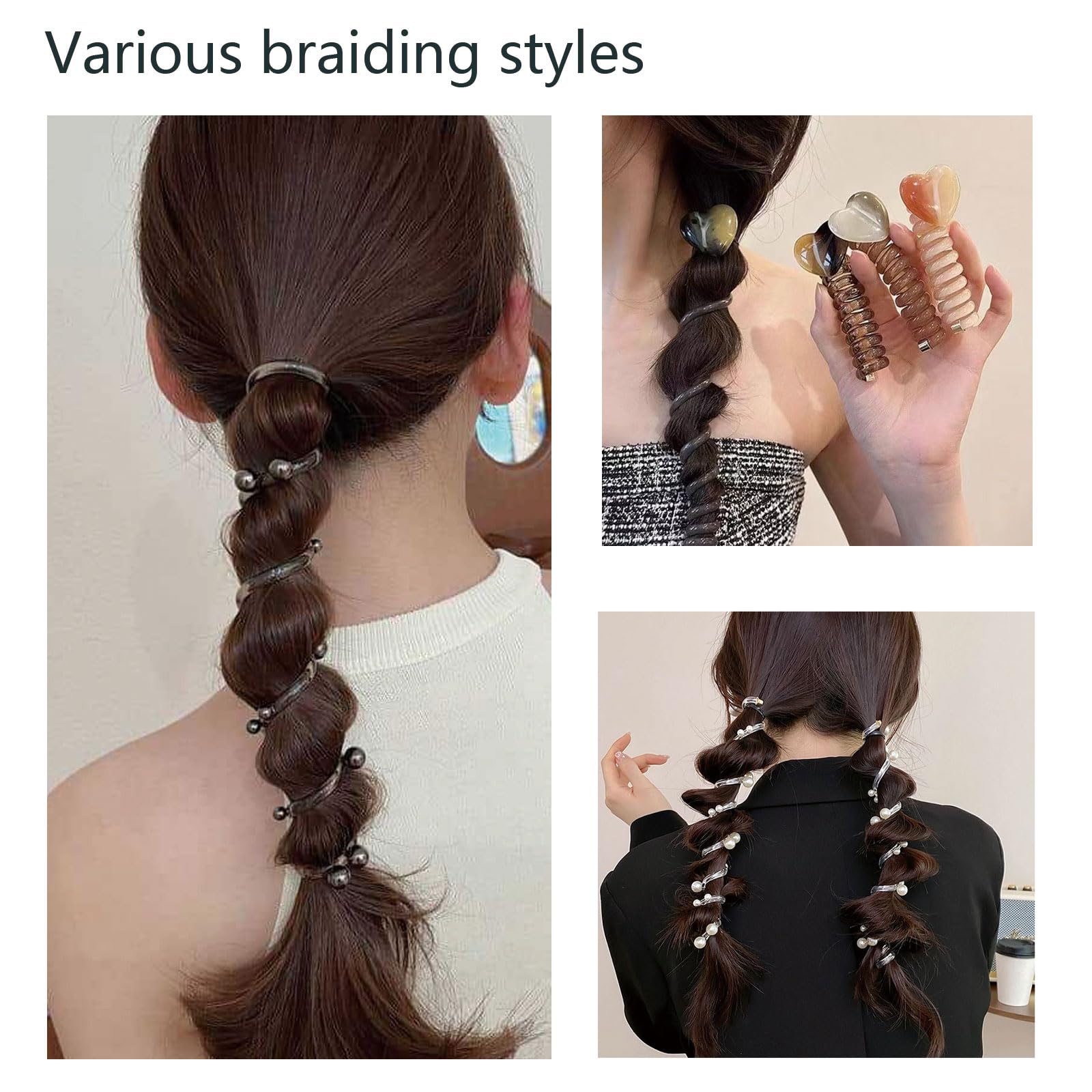 7 Pieces Colorful Telephone Wire Hair Bands, Elegant Pearl Heart Shape Spiral Hair Ties Ponytail Holders - Image 4